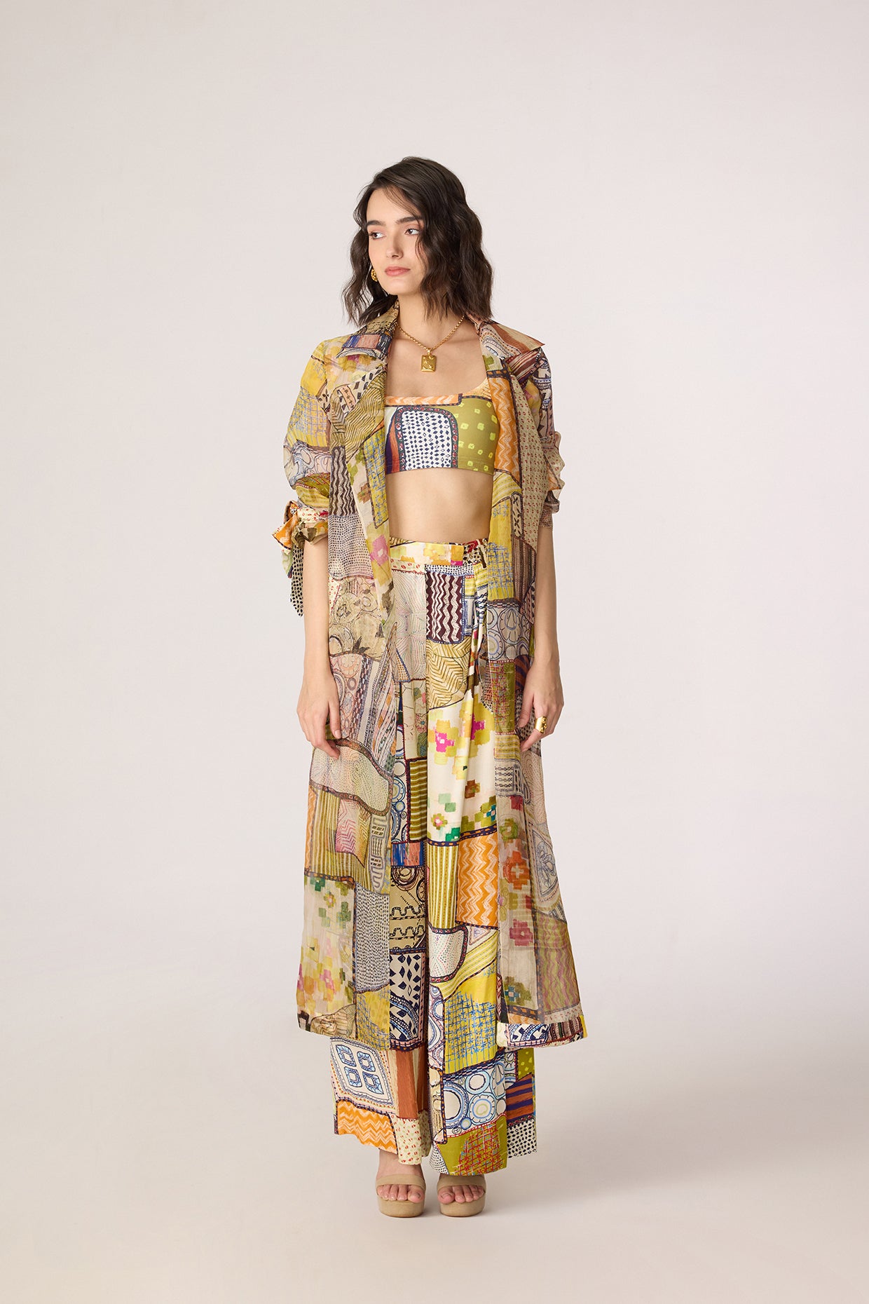 Belen Trench, Juniper Bustier & Jeja Trousers (Fusion Patchwork Set)- Saaksha Kinni