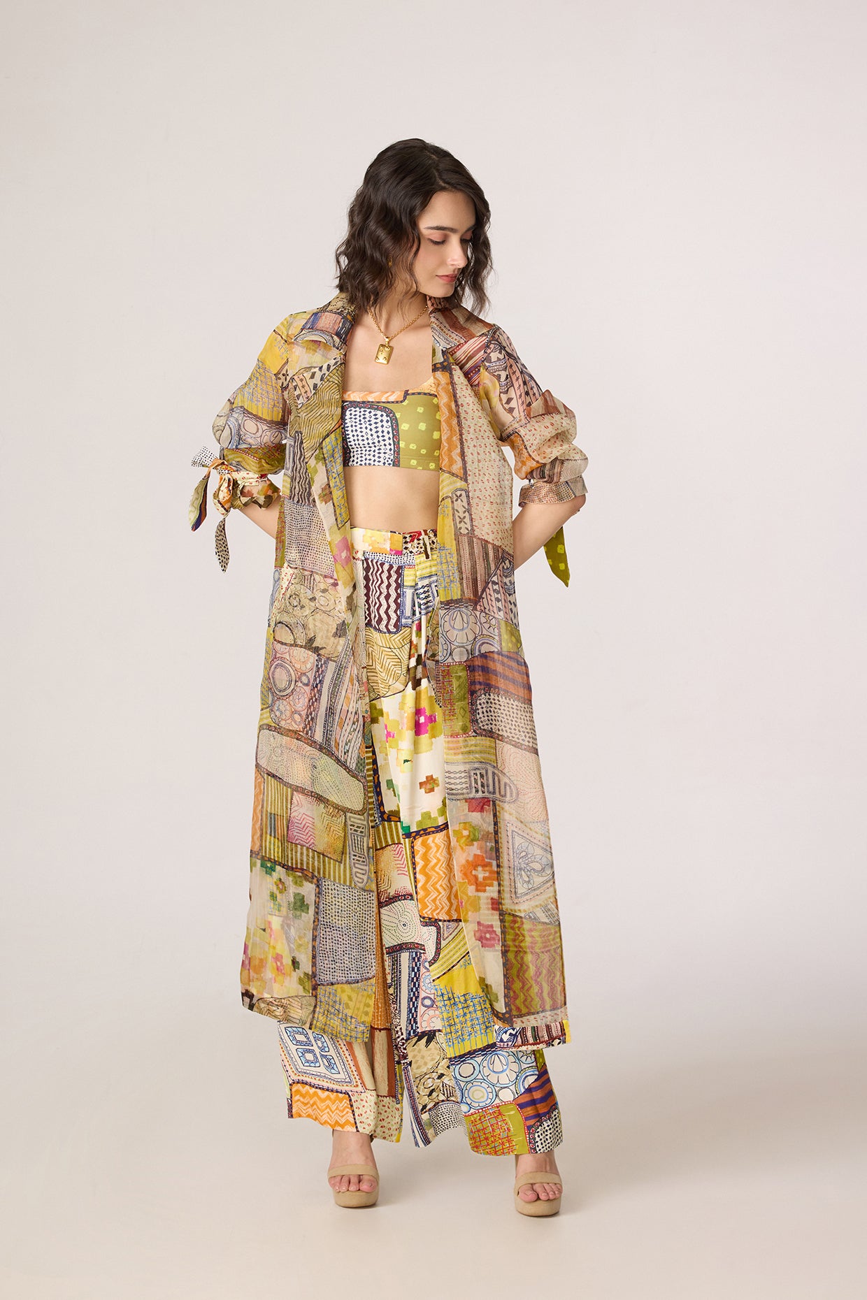 Belen Trench, Juniper Bustier & Jeja Trousers (Fusion Patchwork Set)- Saaksha Kinni