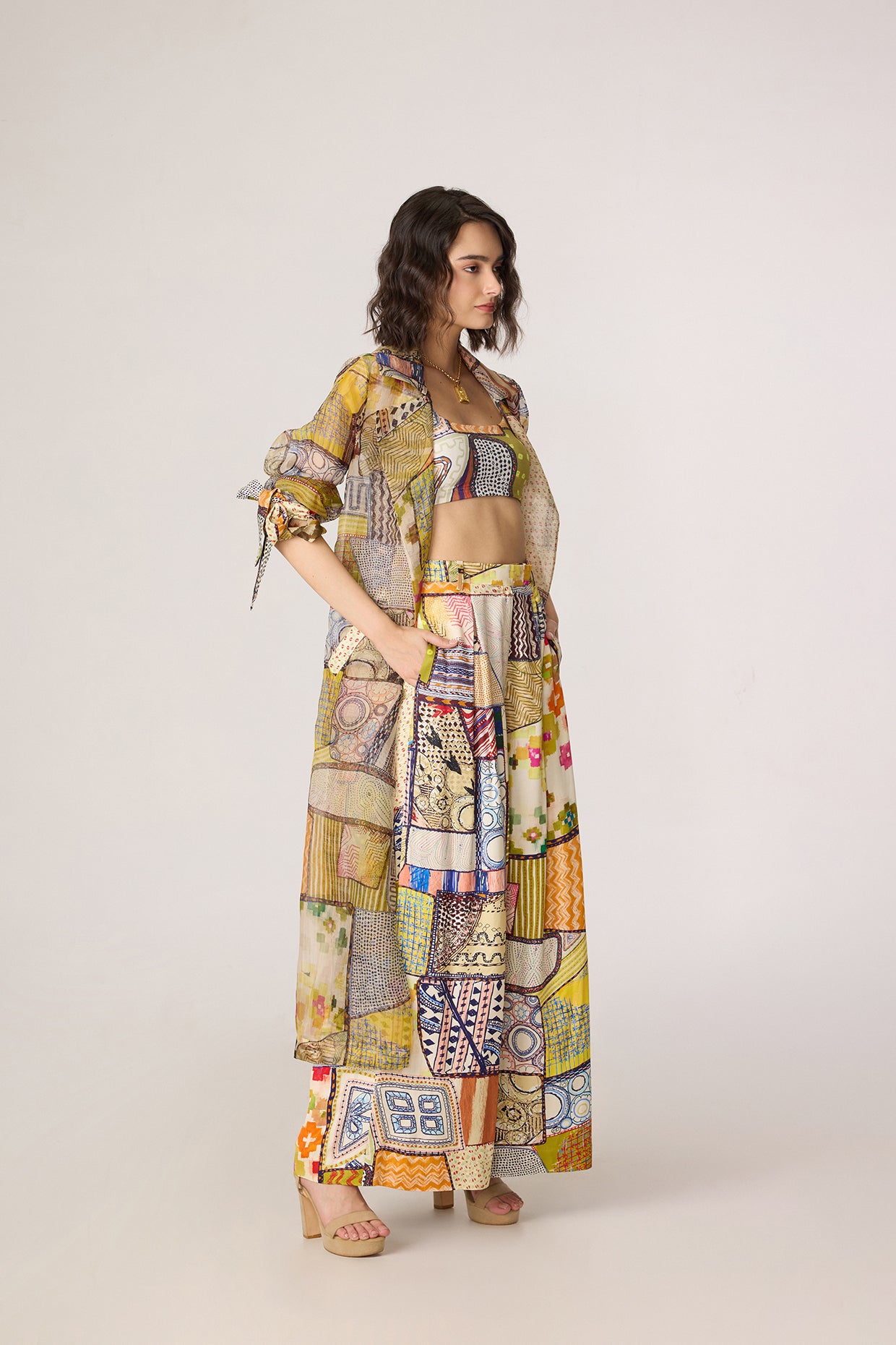 Belen Trench, Juniper Bustier & Jeja Trousers (Fusion Patchwork Set)- Saaksha Kinni