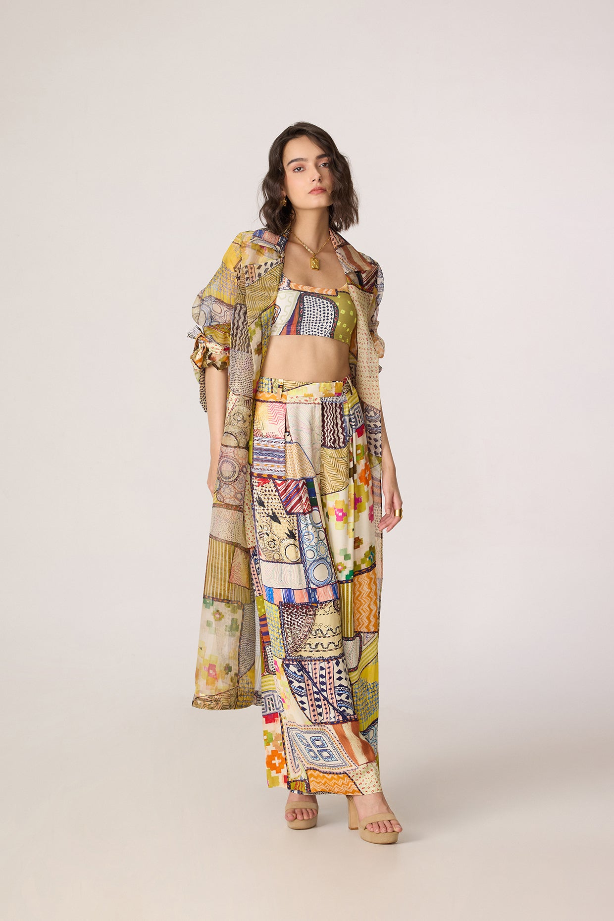 Belen Trench, Juniper Bustier & Jeja Trousers (Fusion Patchwork Set)- Saaksha Kinni
