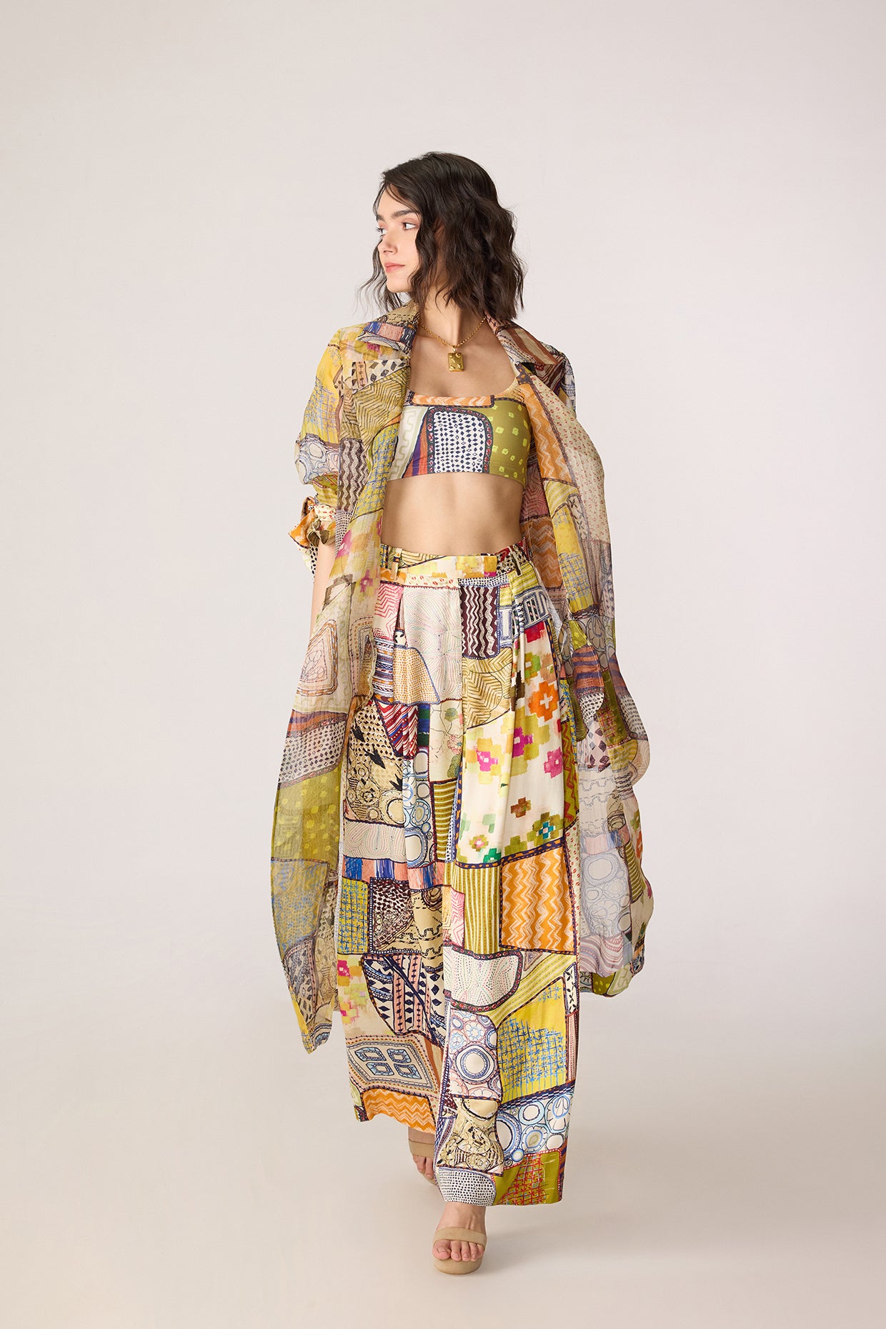 Belen Trench, Juniper Bustier & Jeja Trousers (Fusion Patchwork Set)- Saaksha Kinni