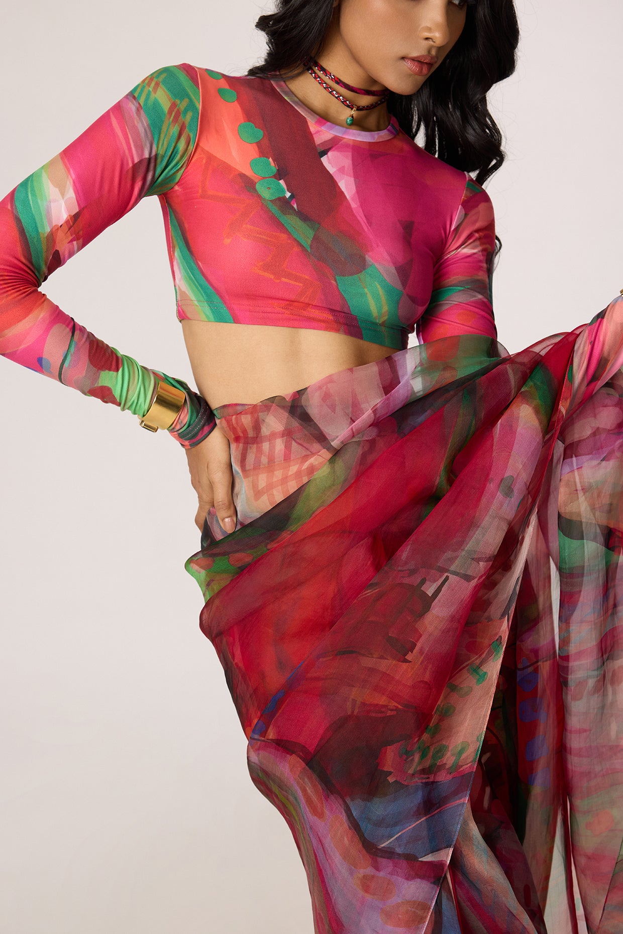 Agatha Pre-Draped Sari & Zavi Blouse (Tropica Floral Set-saaksha kinni
