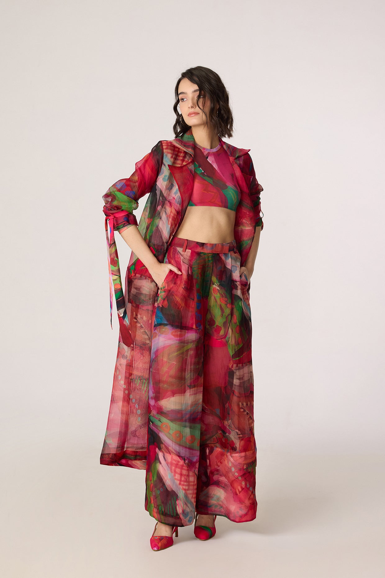 Belen Trench, Zavi Blouse & Vellora Trousers (Tropica Organza Set)- saaksha kinni
