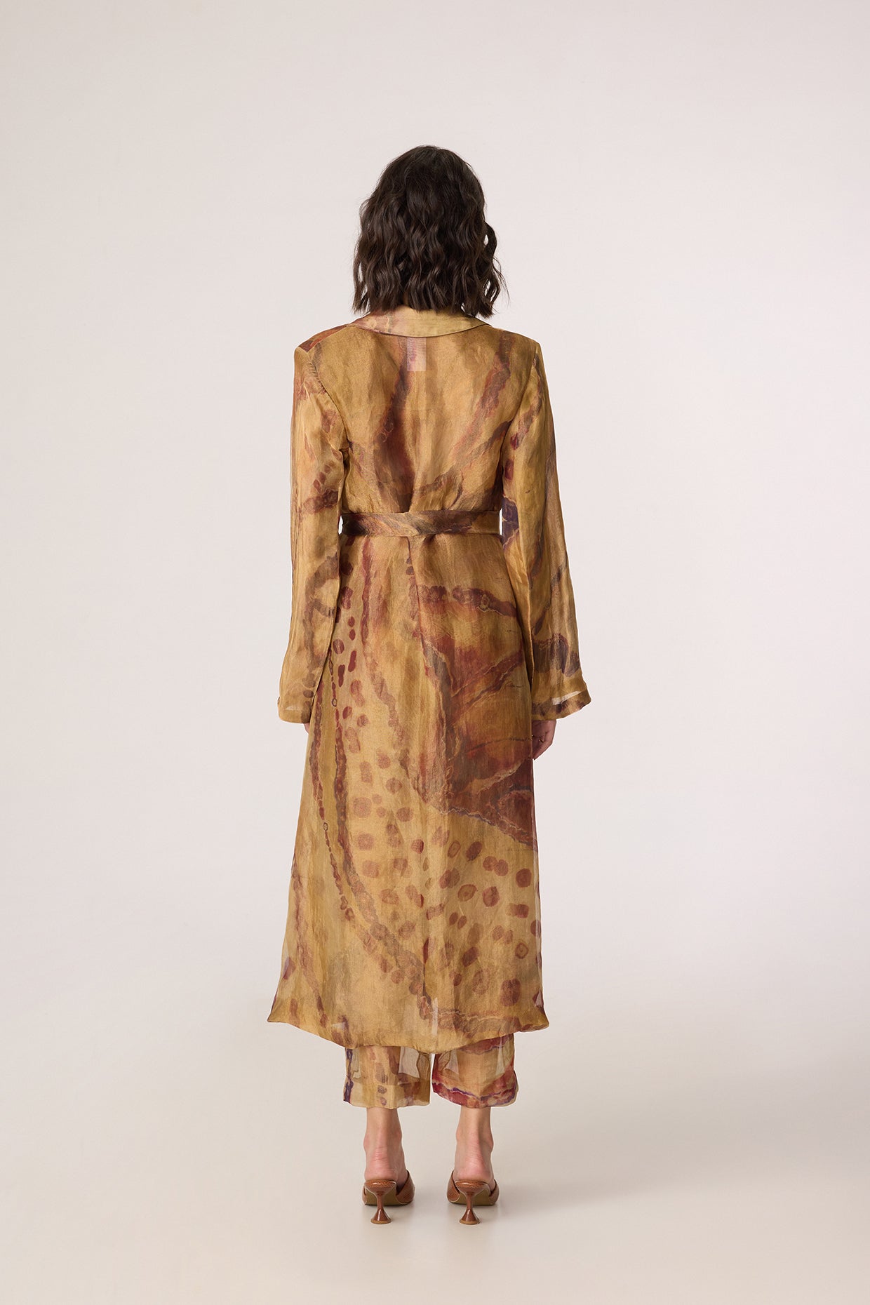 Belen Trench, Arleth Bralette & Vellora Trousers (Gold Silk Tissue Set)-Saaksha Kinni