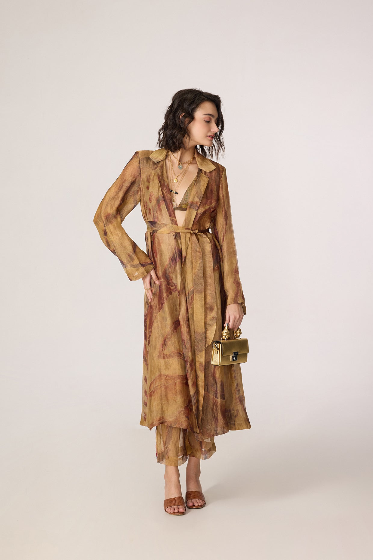 Belen Trench, Arleth Bralette & Vellora Trousers (Gold Silk Tissue Set)-Saaksha Kinni