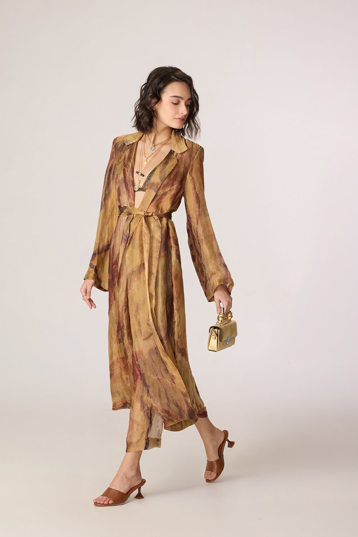 Belen Trench, Arleth Bralette & Vellora Trousers (Gold Silk Tissue Set)-Saaksha Kinni