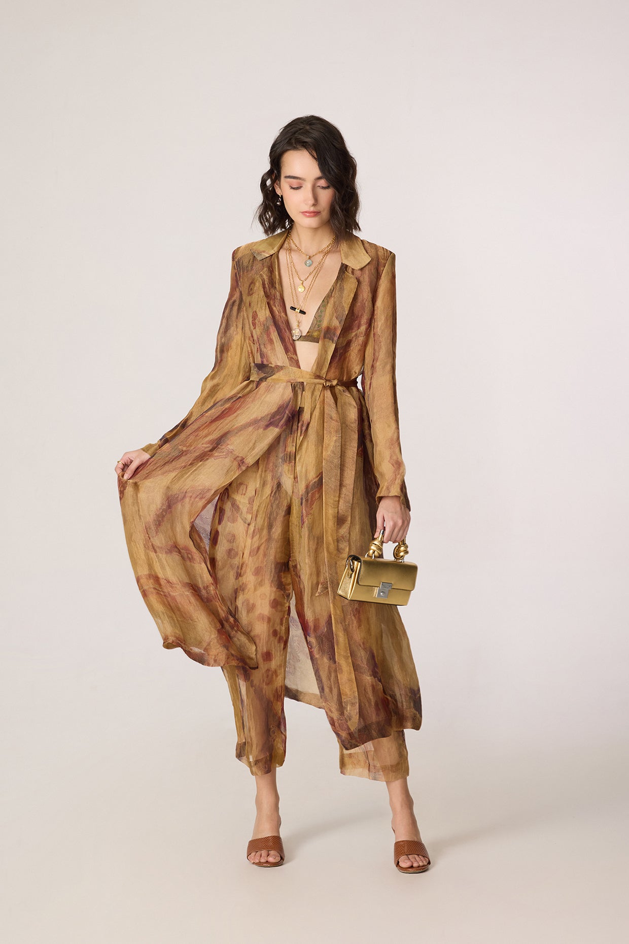Belen Trench, Arleth Bralette & Vellora Trousers (Gold Silk Tissue Set)-Saaksha Kinni