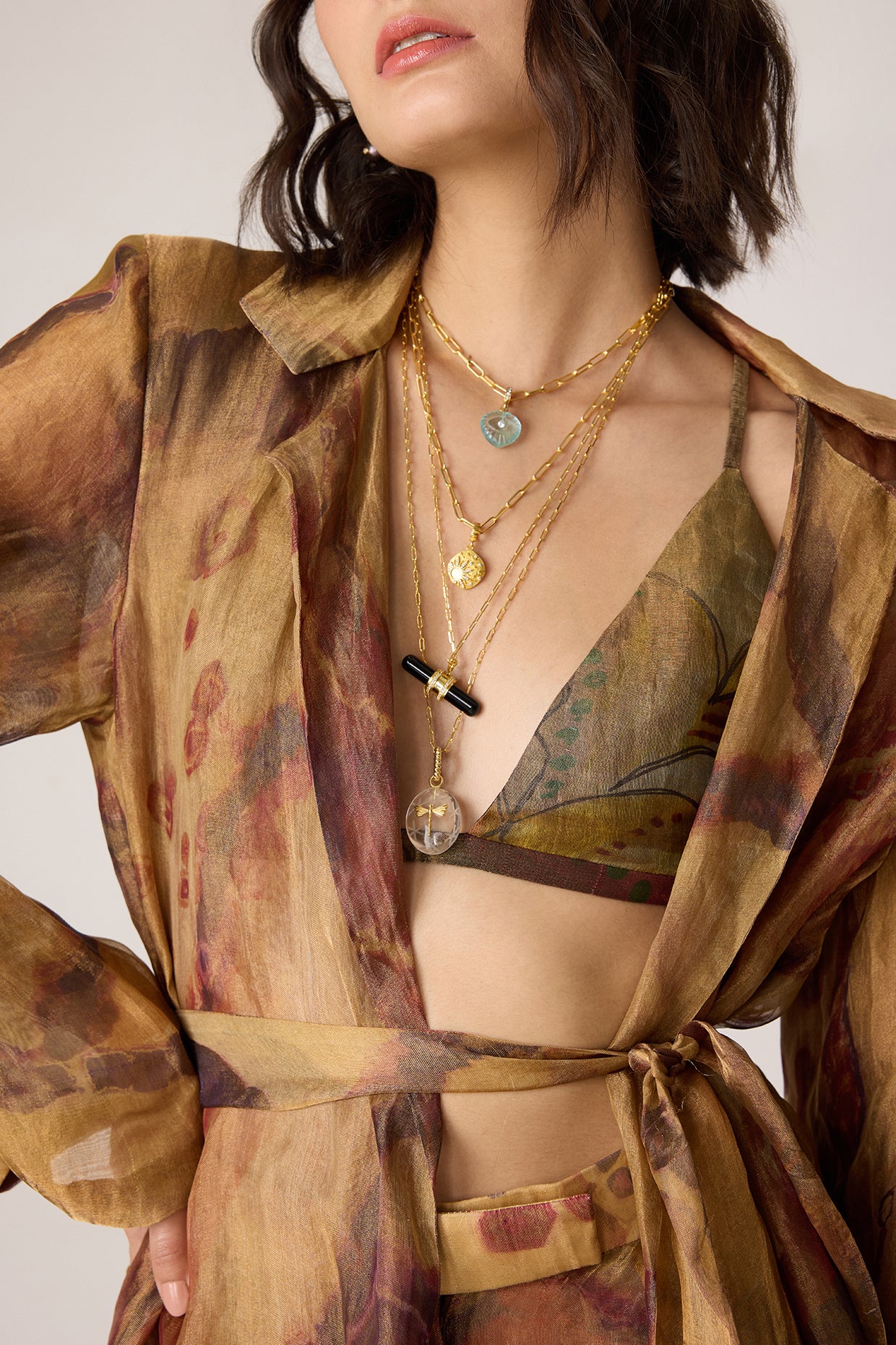 Belen Trench, Arleth Bralette & Vellora Trousers (Gold Silk Tissue Set)-Saaksha Kinni