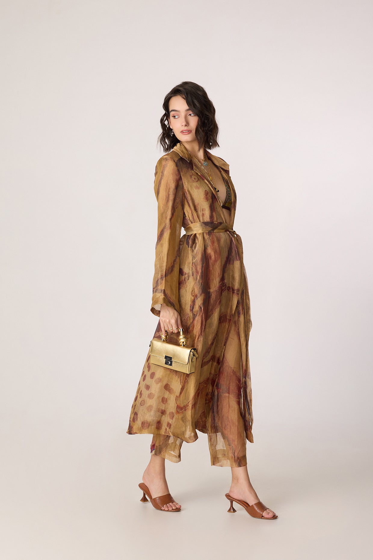 Belen Trench, Arleth Bralette & Vellora Trousers (Gold Silk Tissue Set)-Saaksha Kinni