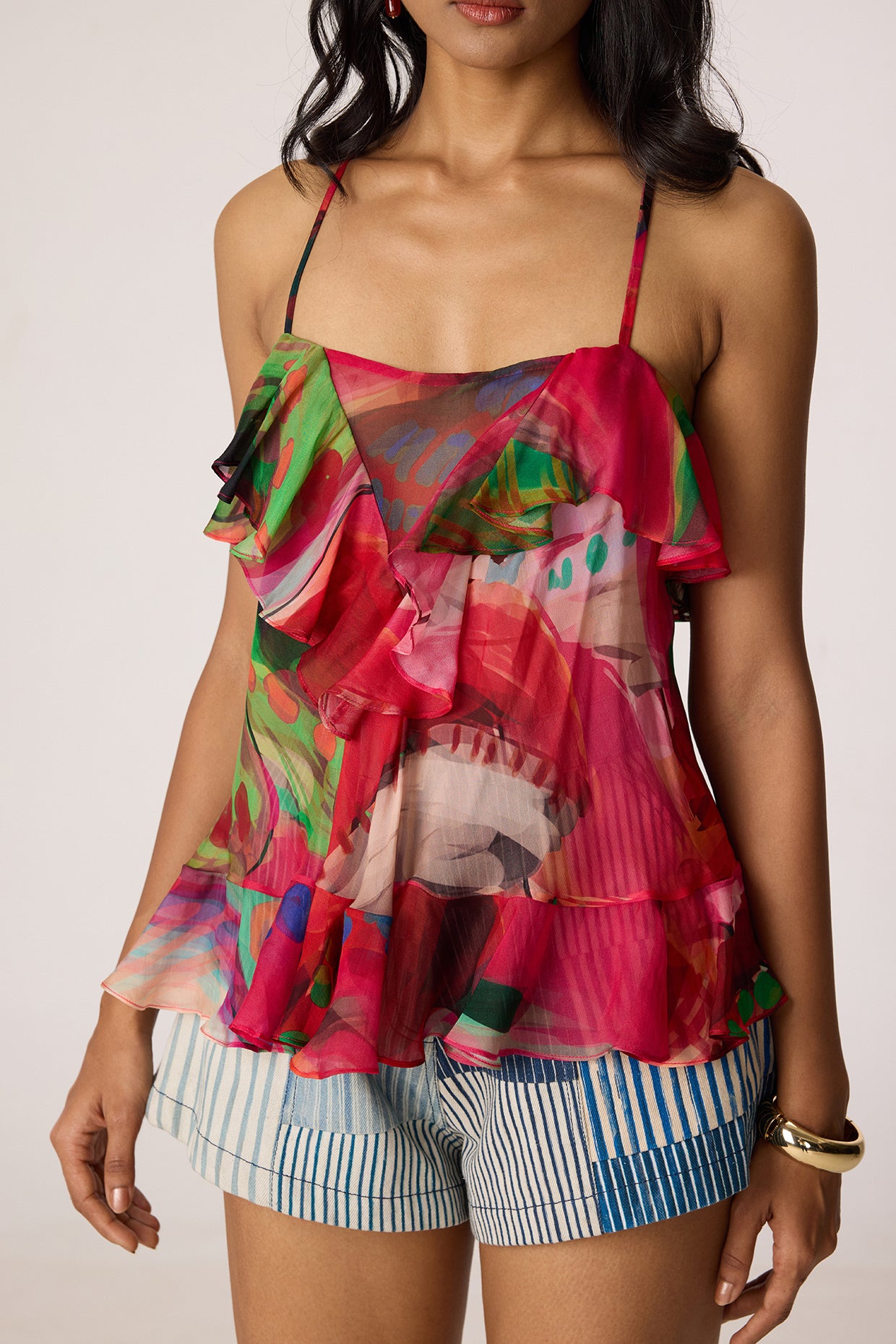 Genora Blouse & Emira Denim Shorts (Tropica & Denim Mix)- Saaksha Kinni
