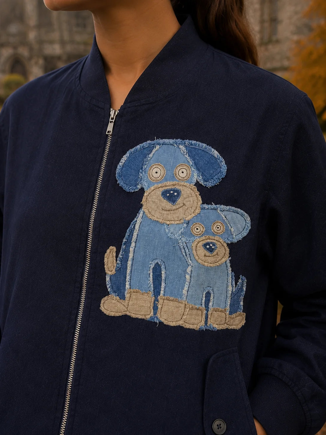 NAVY DENIM TWIN DOG BOMBER