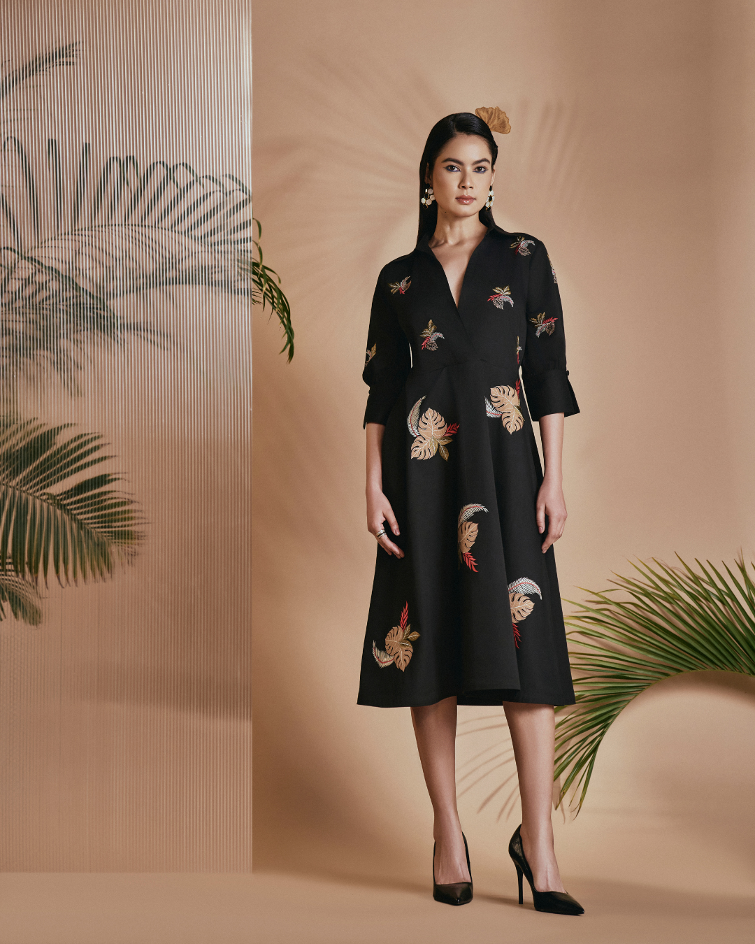 ORIGANI Black Tropical A-Line Flare Dress