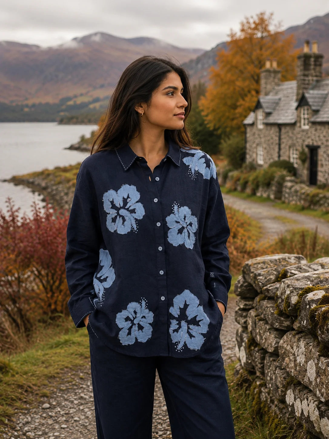 NAVY ALLOVER DENIM APLLIQUE EMB BIG SHIRT