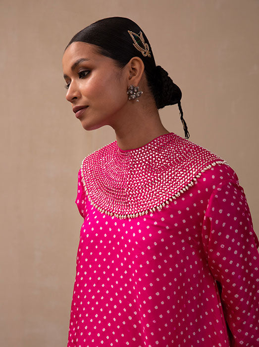 Bandhani Top with Mirror and Pearl Collar