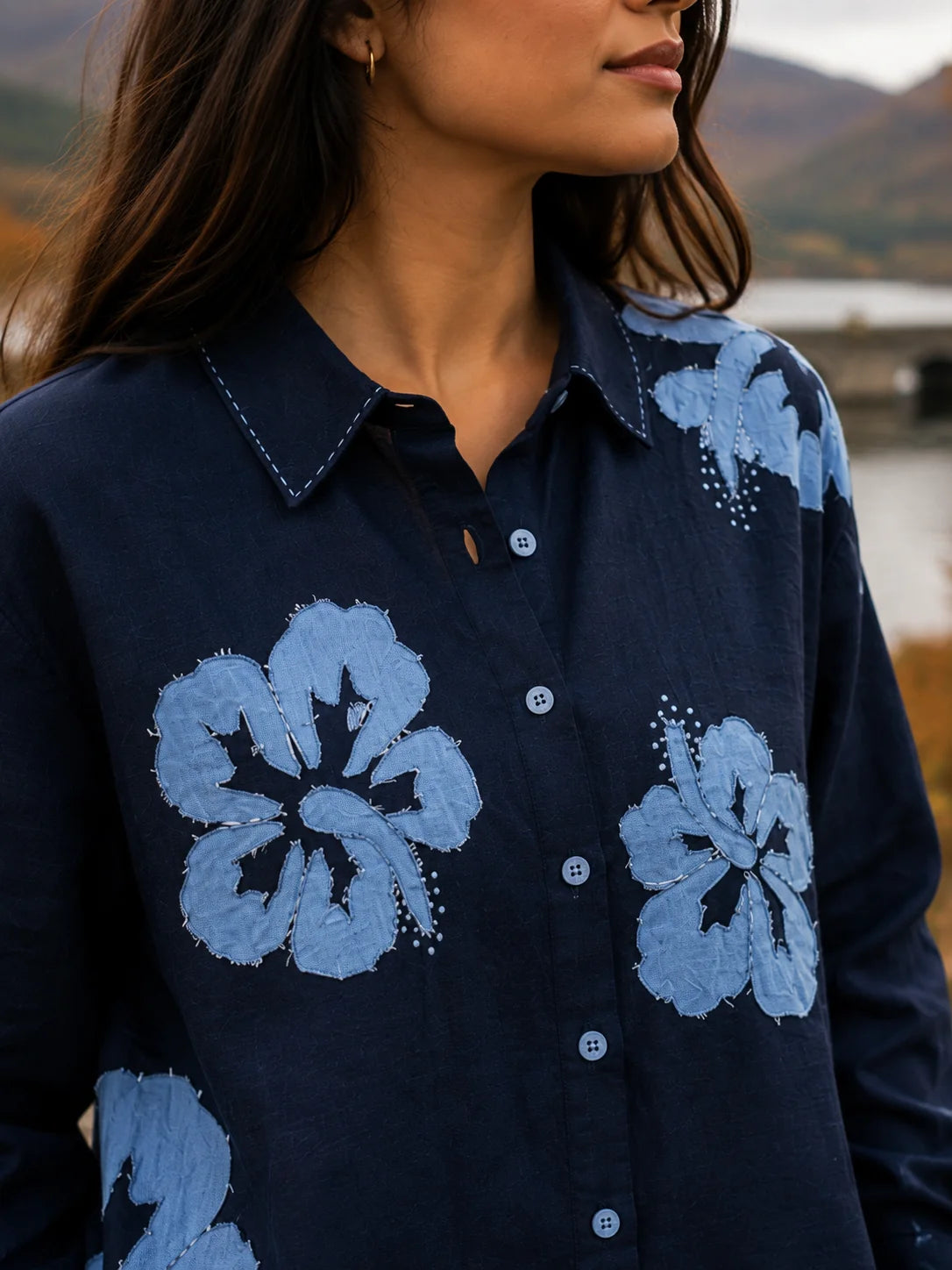 NAVY ALLOVER DENIM APLLIQUE EMB BIG SHIRT