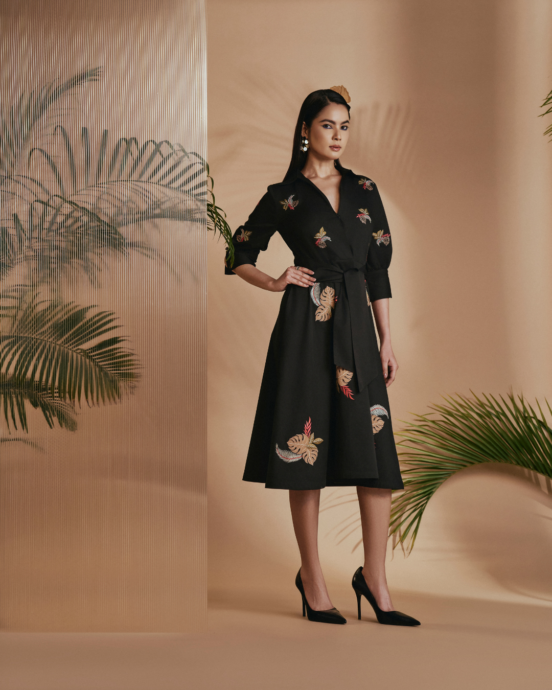 ORIGANI Black Tropical A-Line Flare Dress
