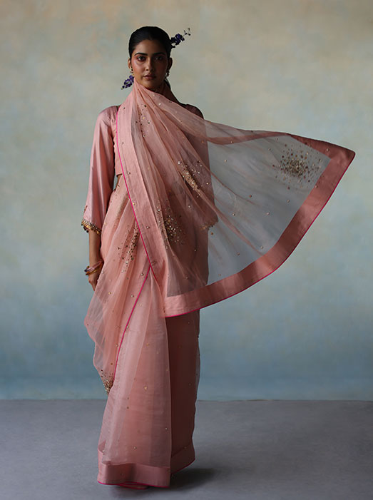 Gul Nude Pink Sequin Flower Sari