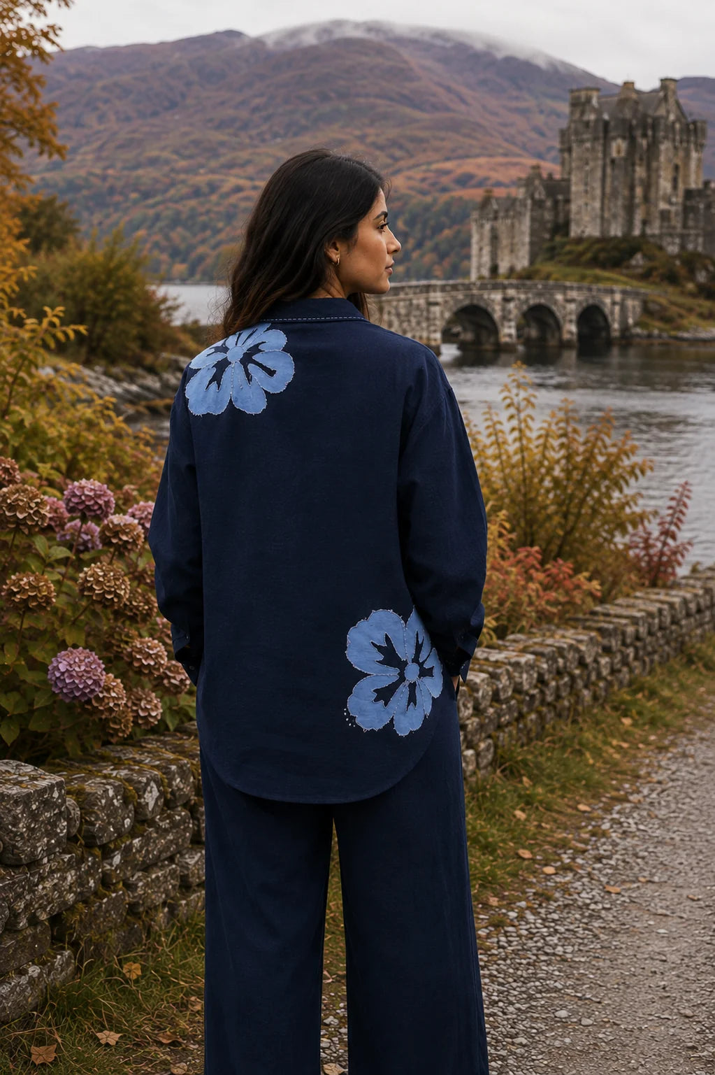 NAVY ALLOVER DENIM APLLIQUE EMB BIG SHIRT