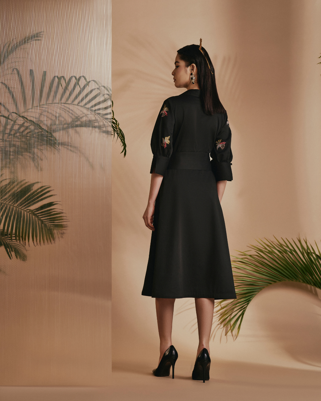 ORIGANI Black Tropical A-Line Flare Dress