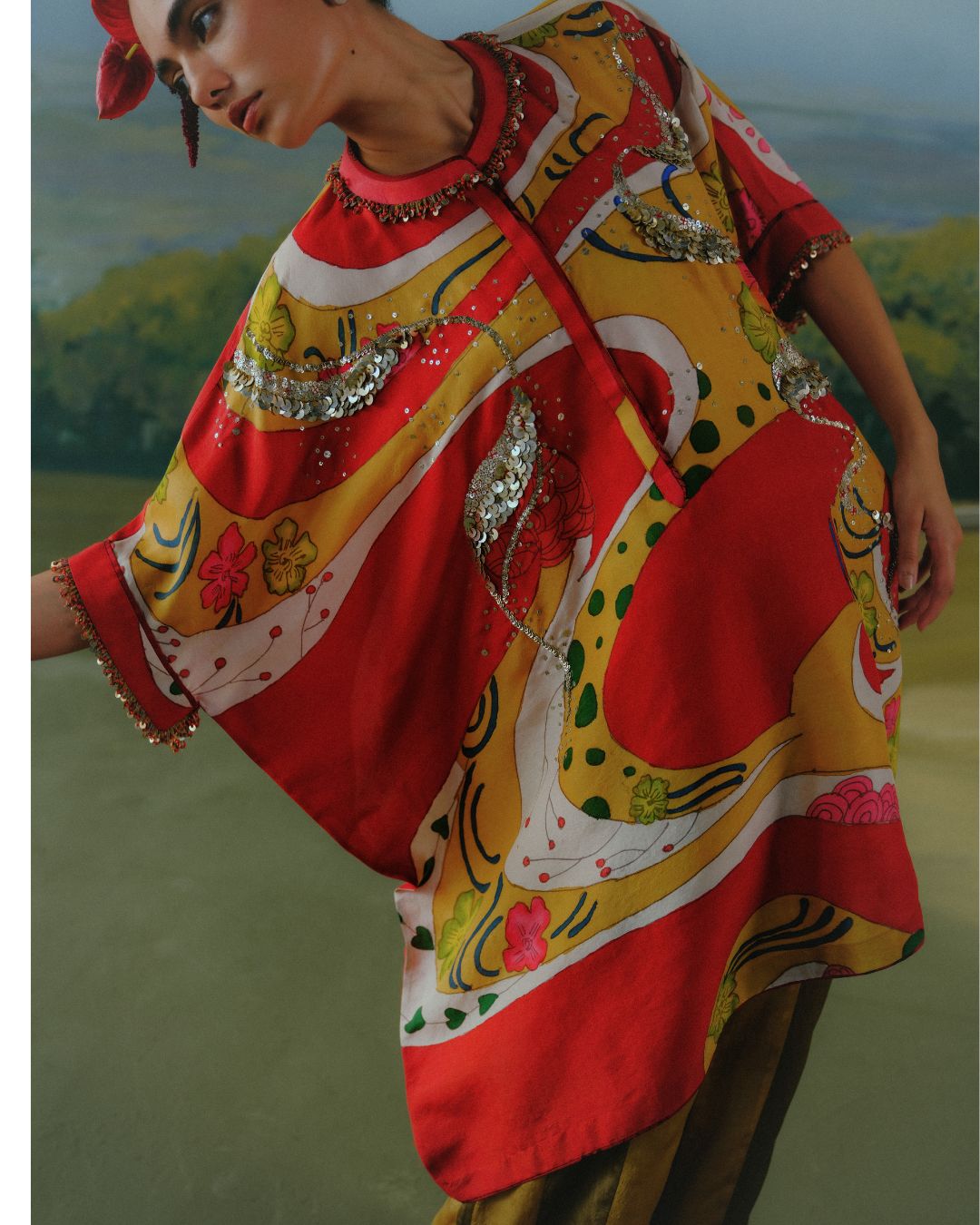 Crimson Drift Kaftan Set