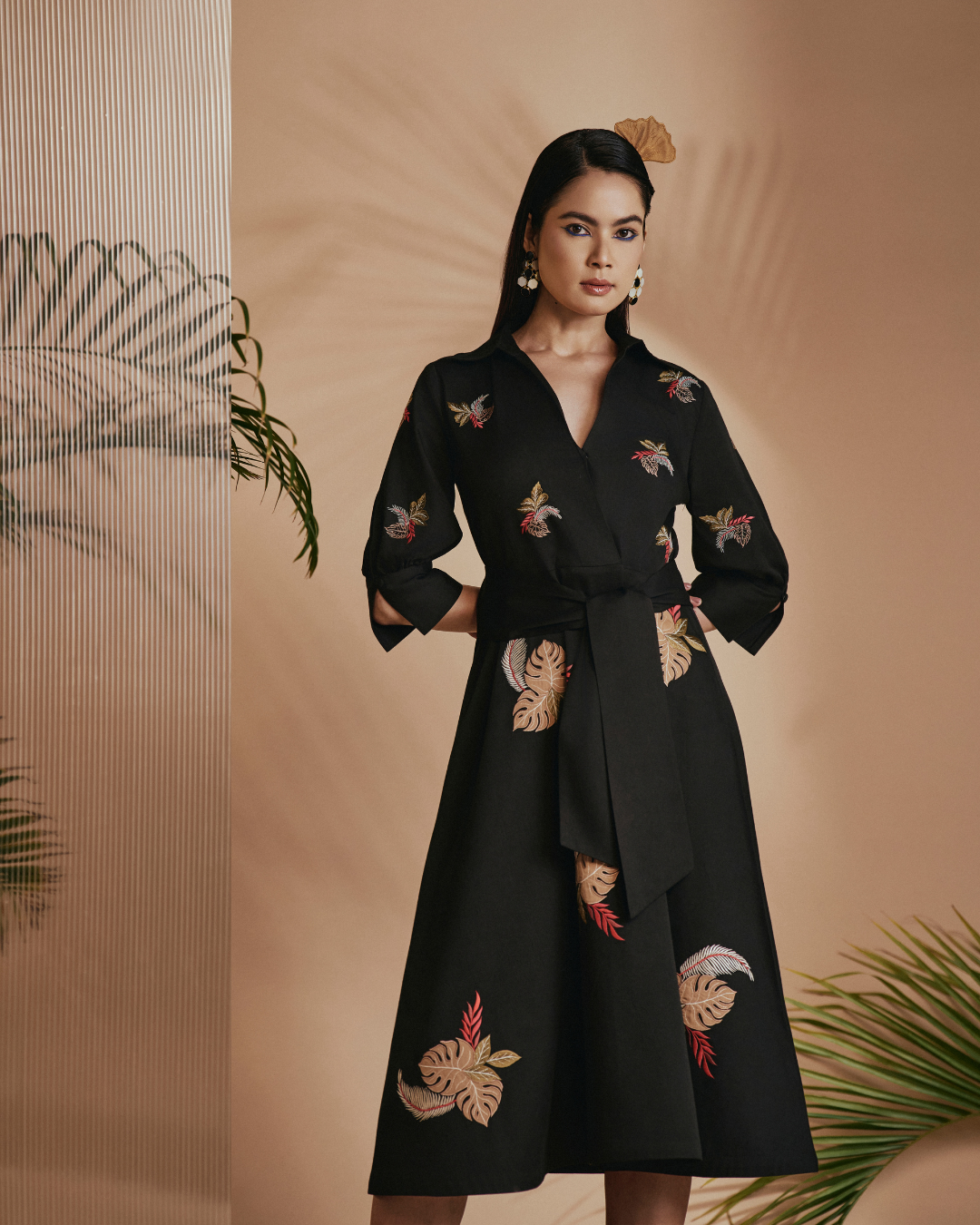 ORIGANI Black Tropical A-Line Flare Dress