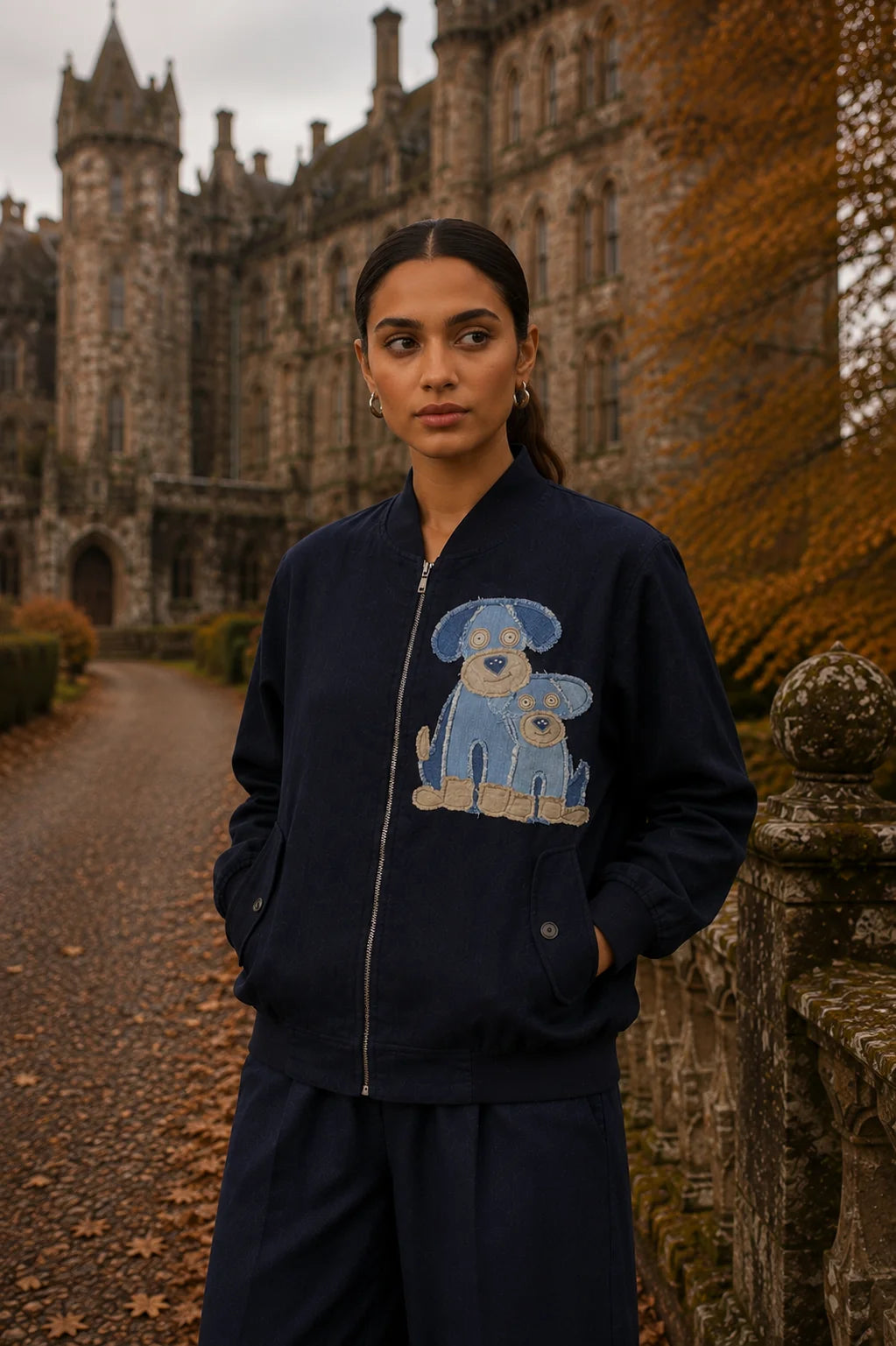 NAVY DENIM TWIN DOG BOMBER