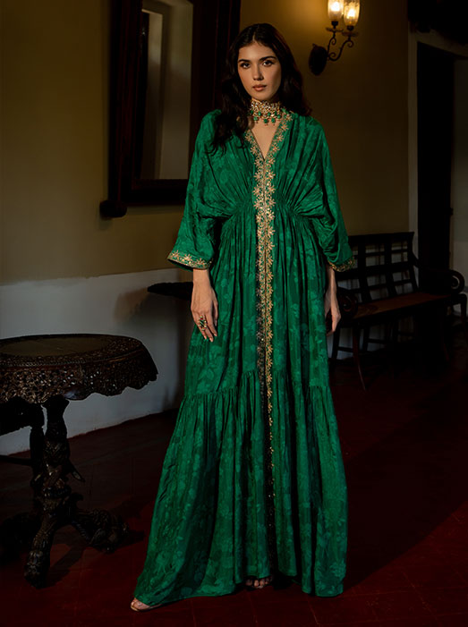 Emerald Green Self Woven Kaftan Set