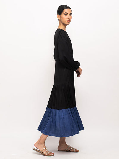 Black-Blue Gather Maxi Dress