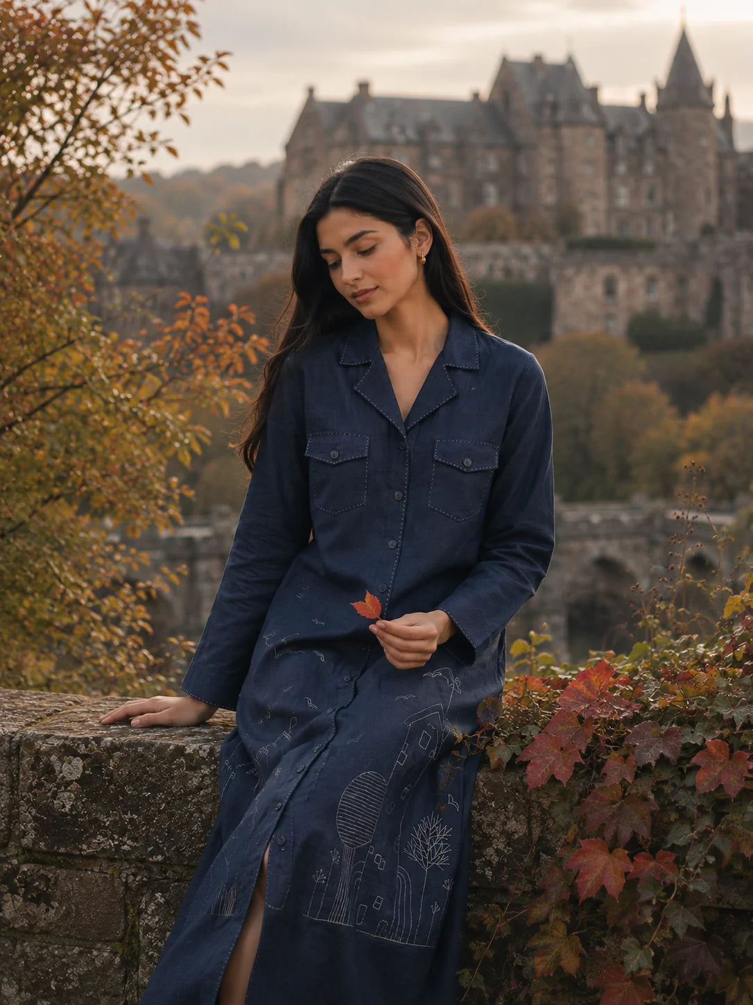 NAVY KANTHA STITCH 2 POCKET LONG DRESS