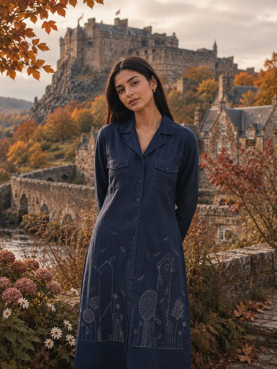 NAVY KANTHA STITCH 2 POCKET LONG DRESS