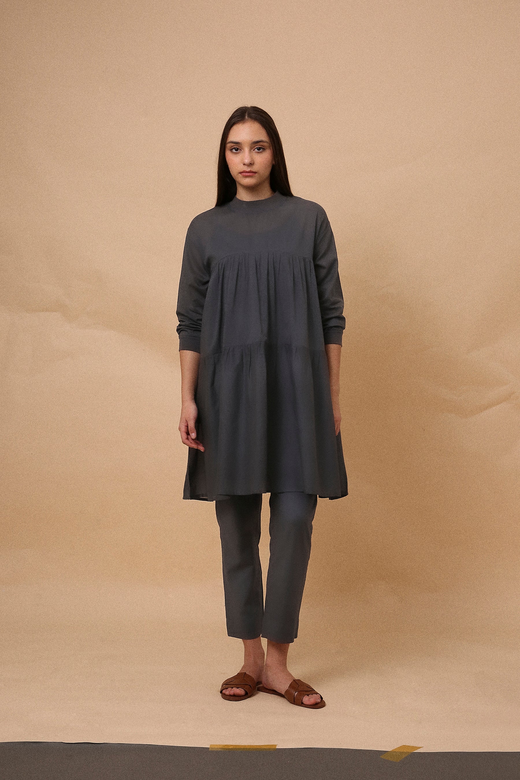 Ash Gray Mul Rib Vena Co-Ord Set (2 PCS)- Mati