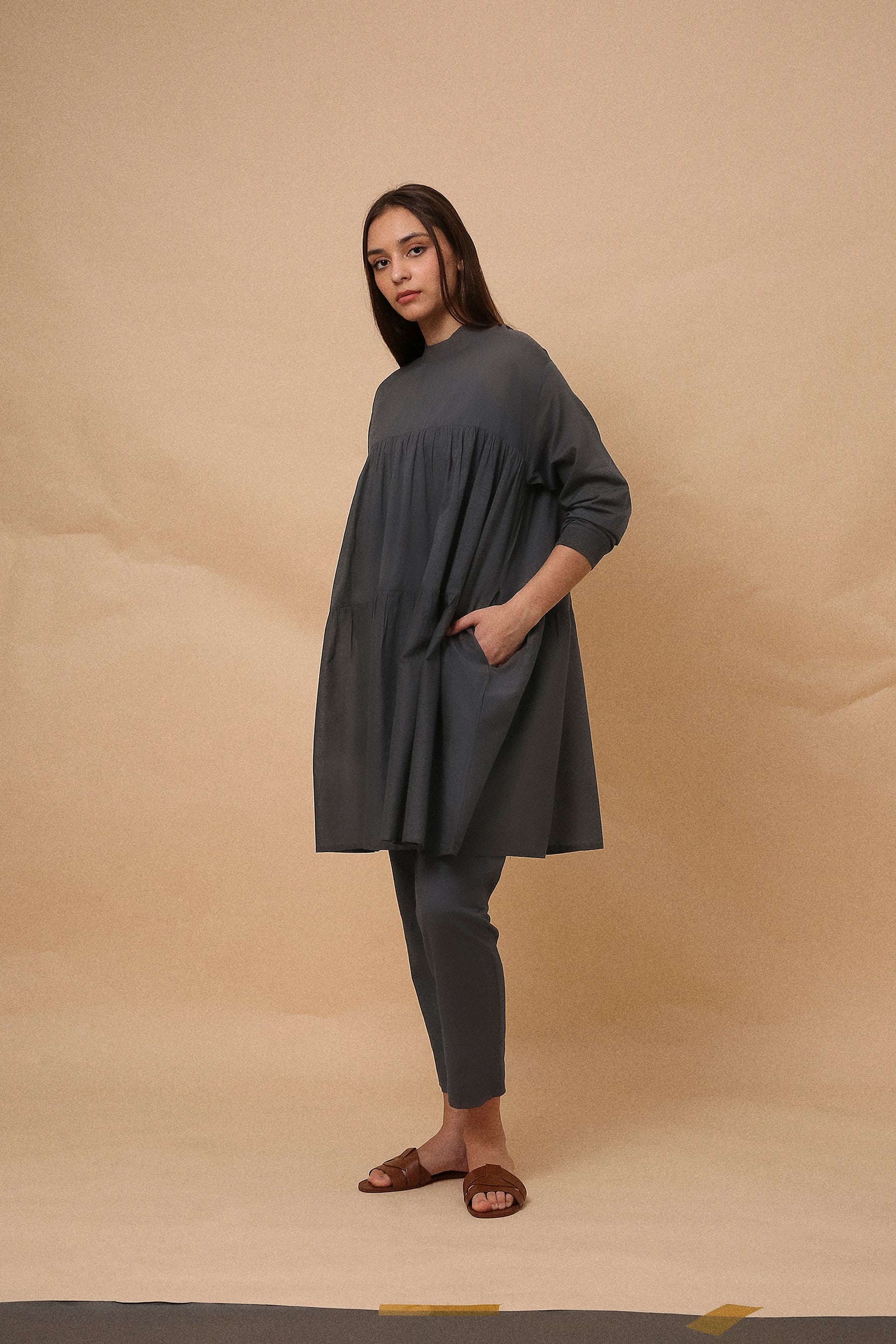 Ash Gray Mul Rib Vena Co-Ord Set (2 PCS)- Mati