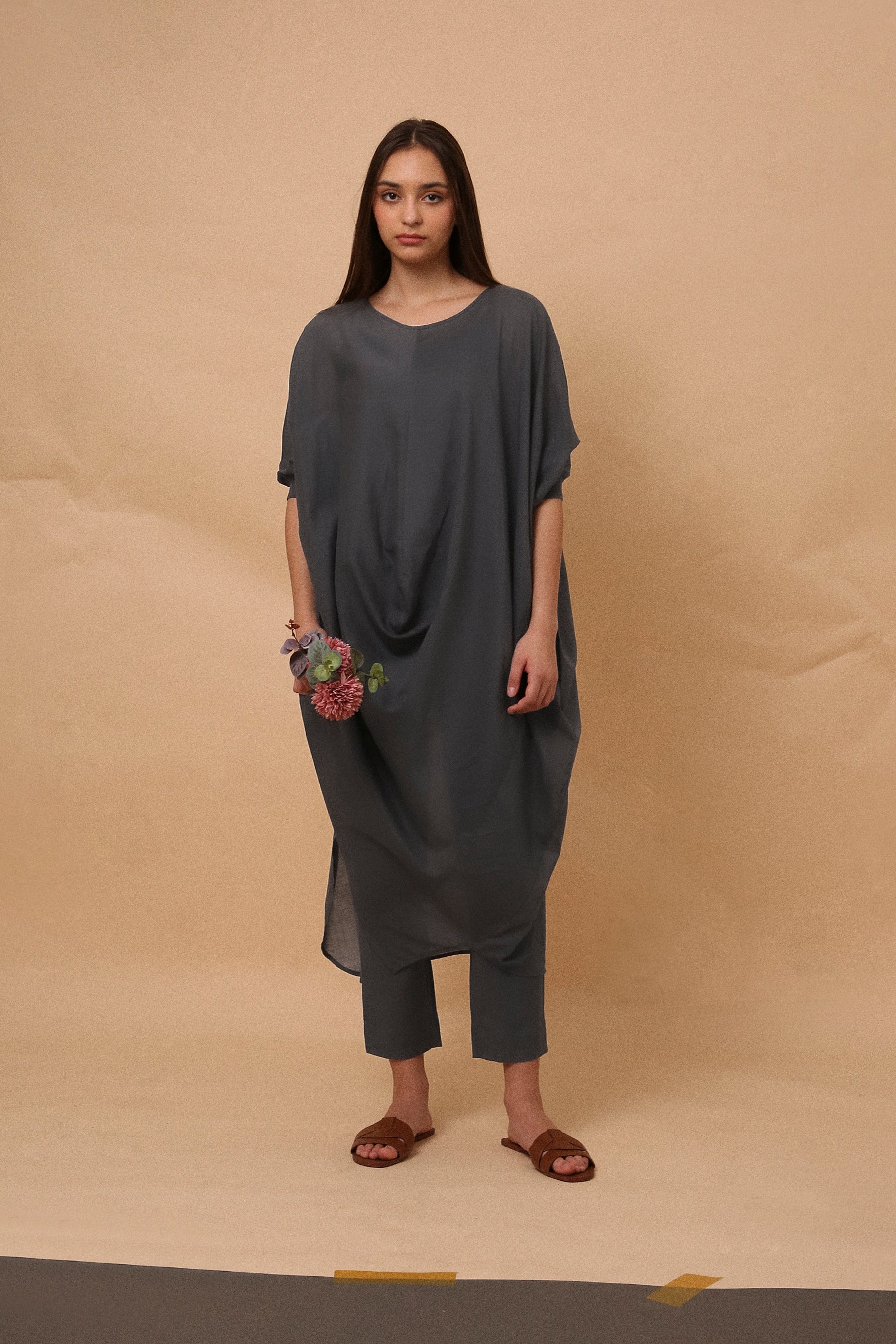 Ash Gray Rib Mul Cowl Tunic Co-Ord Set (2 PCS)- Mati