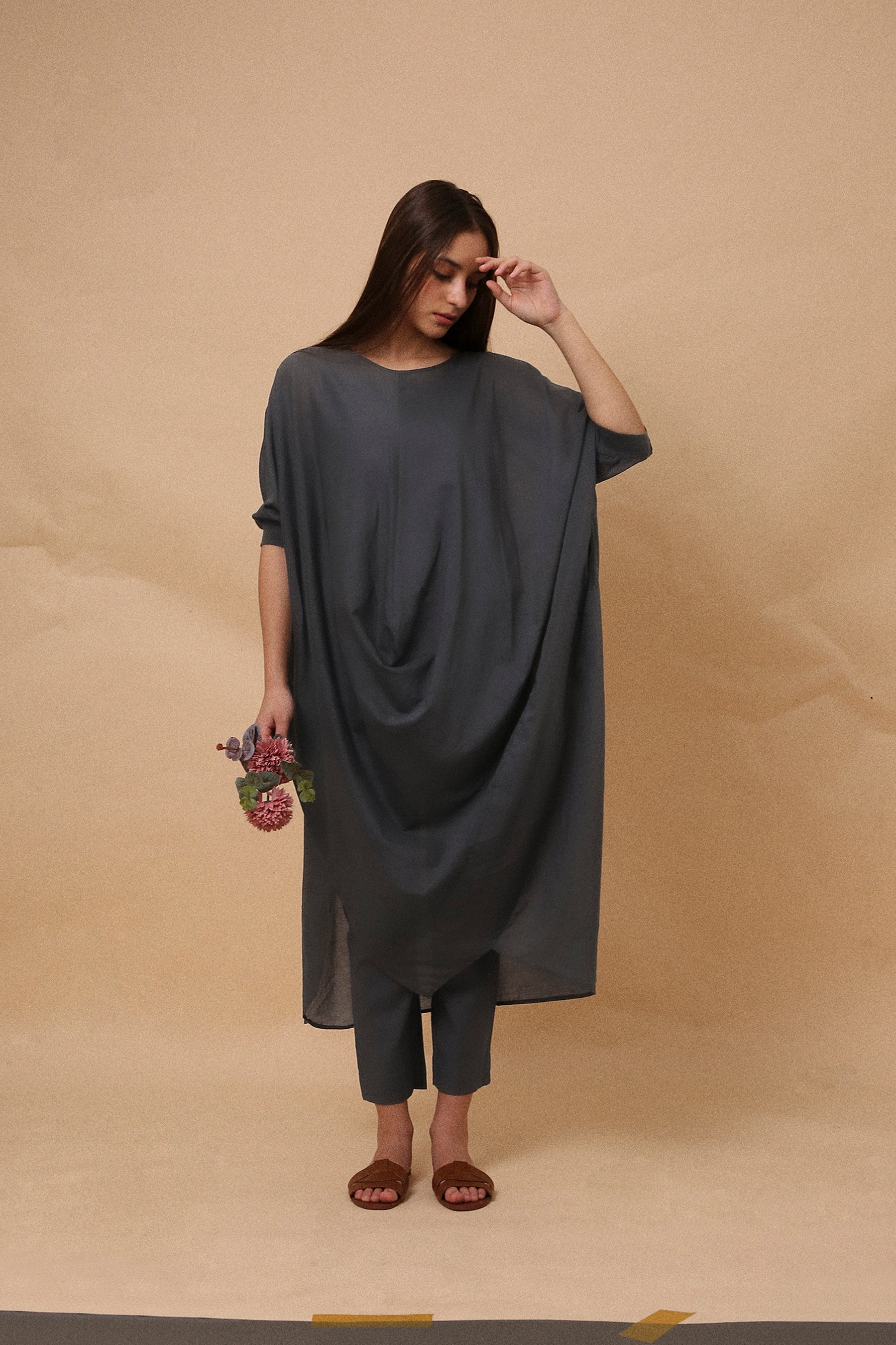 Ash Gray Rib Mul Cowl Tunic Co-Ord Set (2 PCS)- Mati