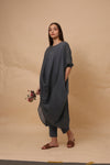 Ash Gray Rib Mul Cowl Tunic Co-Ord Set (2 PCS)- Mati