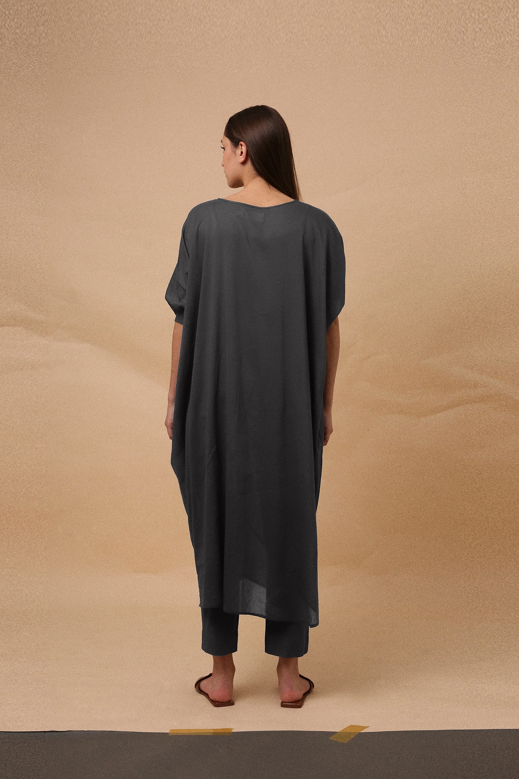 Ash Gray Rib Mul Cowl Tunic Co-Ord Set (2 PCS)- Mati