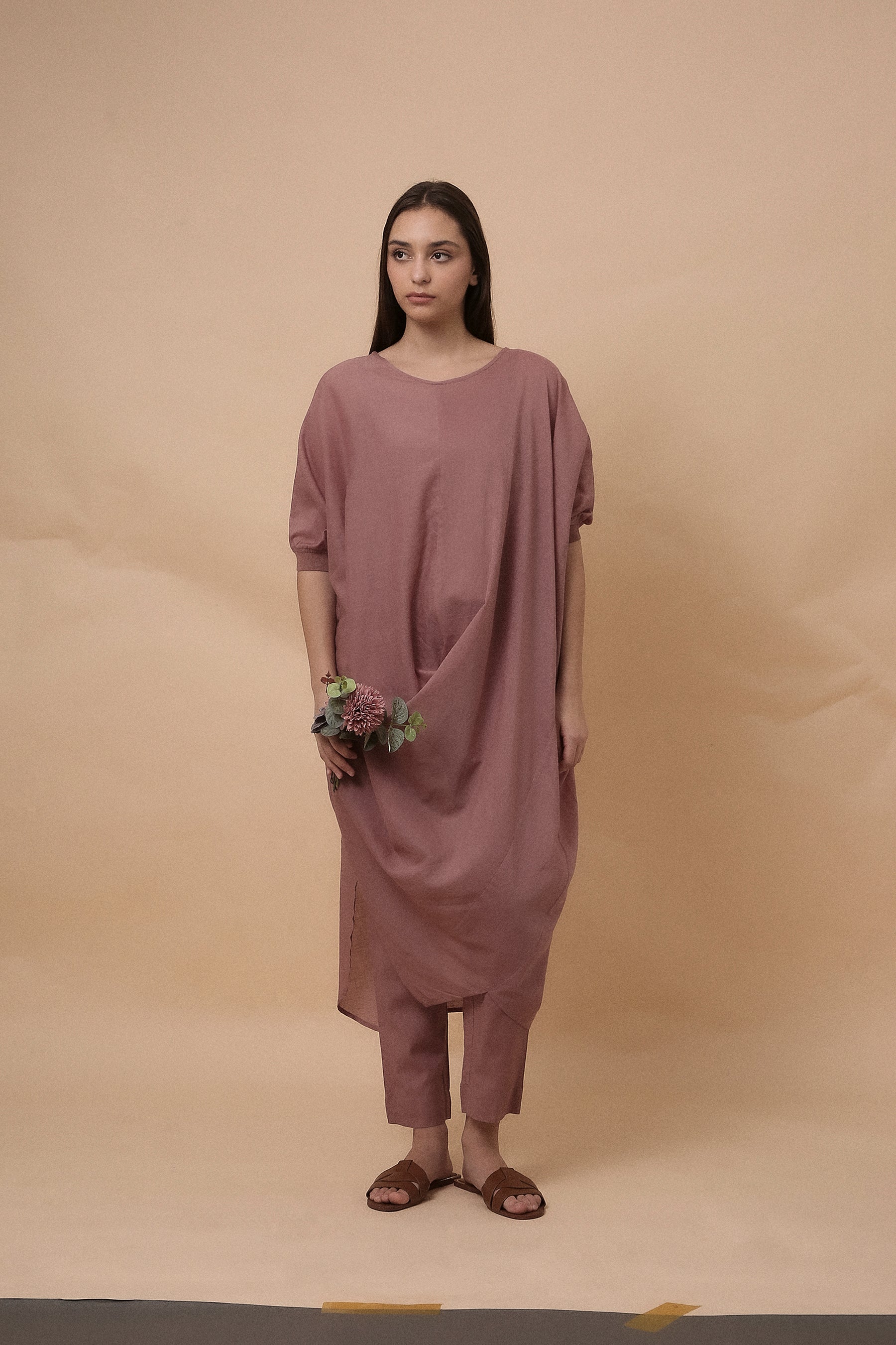 Blush Rib Mul Cowl Tunic Co-Ord Set (2 PCS)