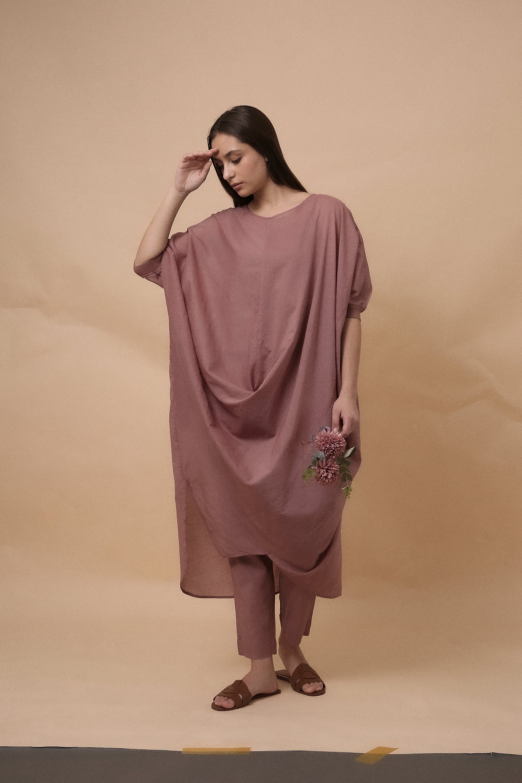 Blush Rib Mul Cowl Tunic Co-Ord Set (2 PCS)