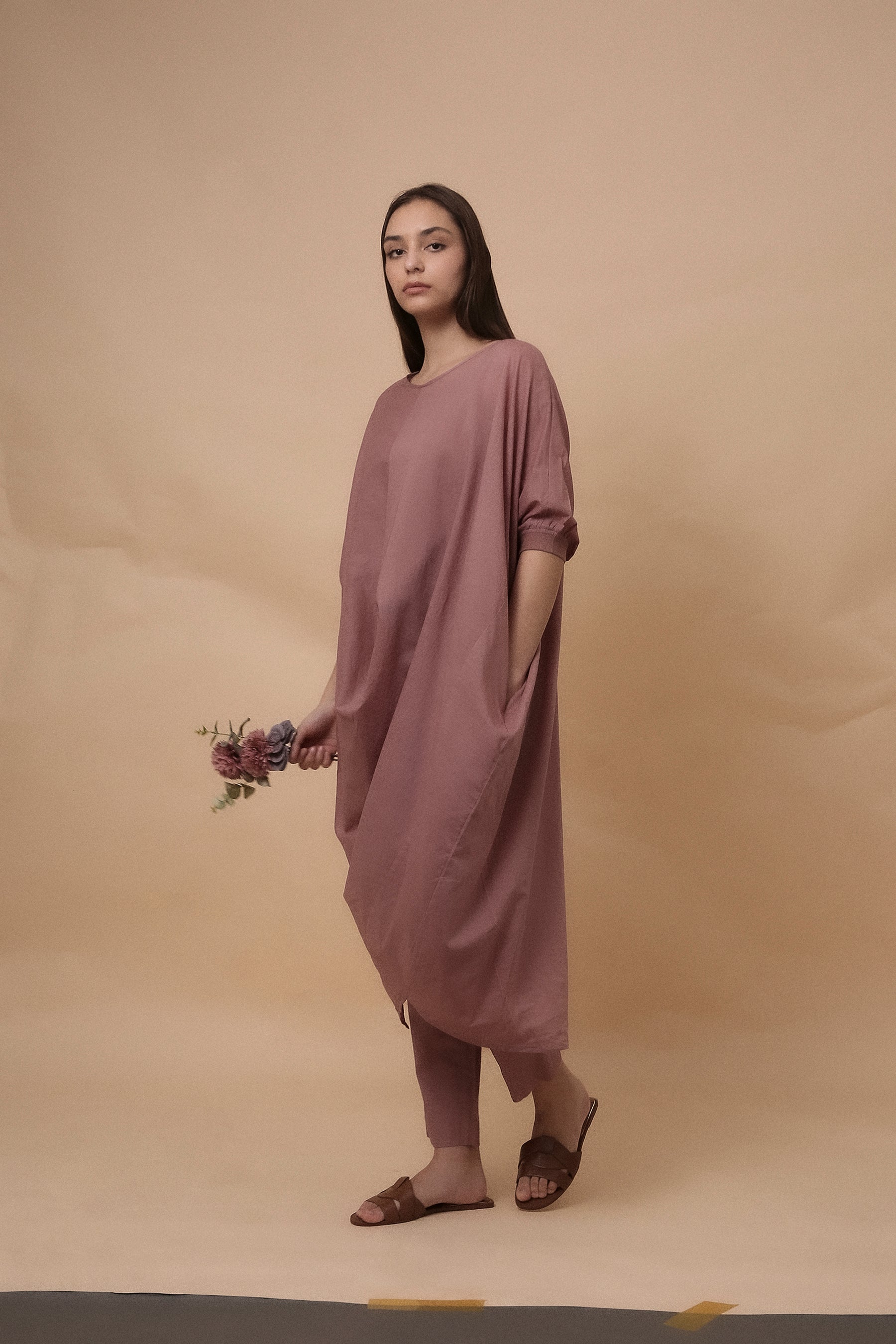Blush Rib Mul Cowl Tunic Co-Ord Set (2 PCS)