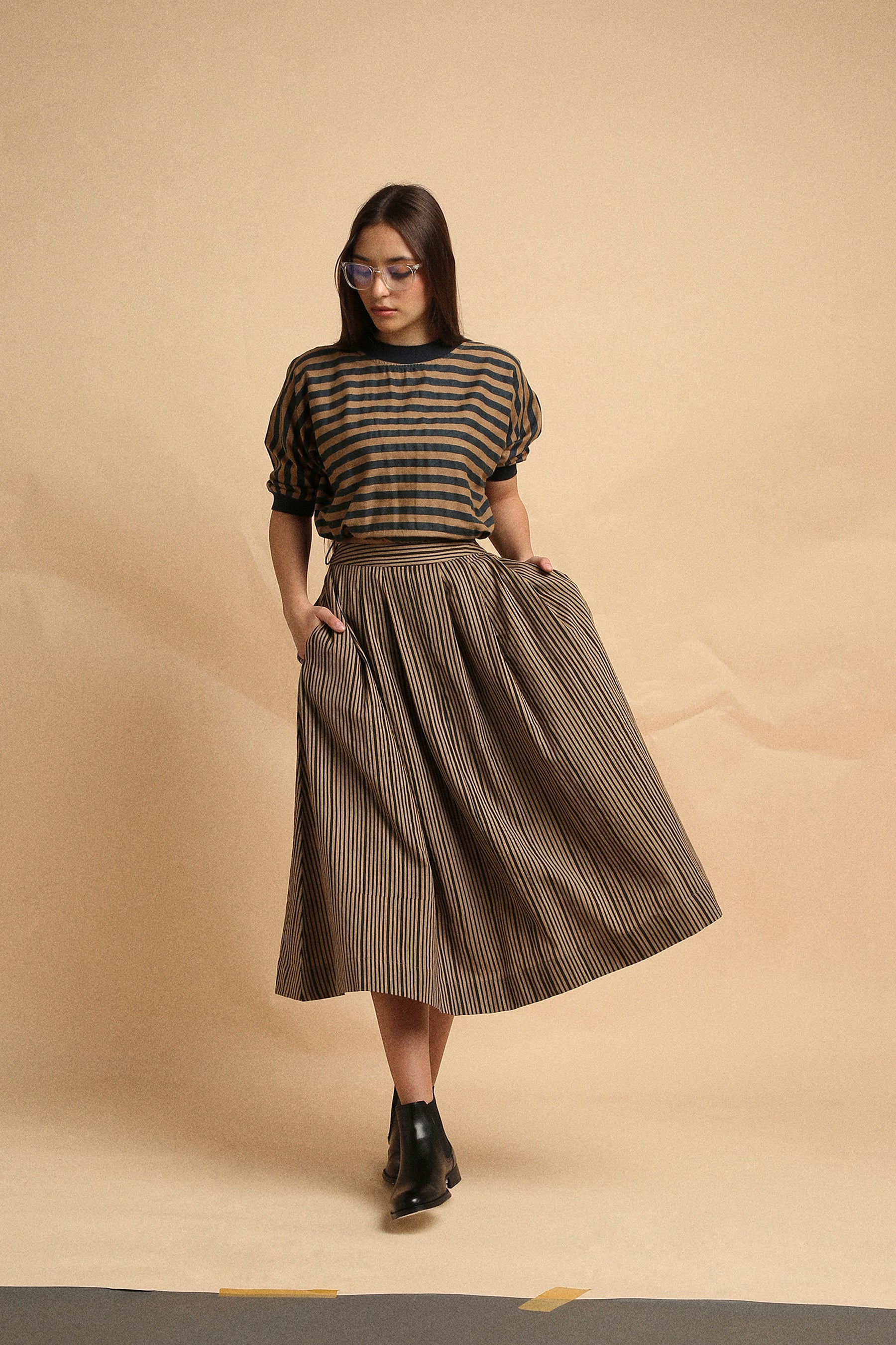Brown Thin Striped New Sphara Crop Top & Skirt Co-Ord Set (2 PCS)-  Mati