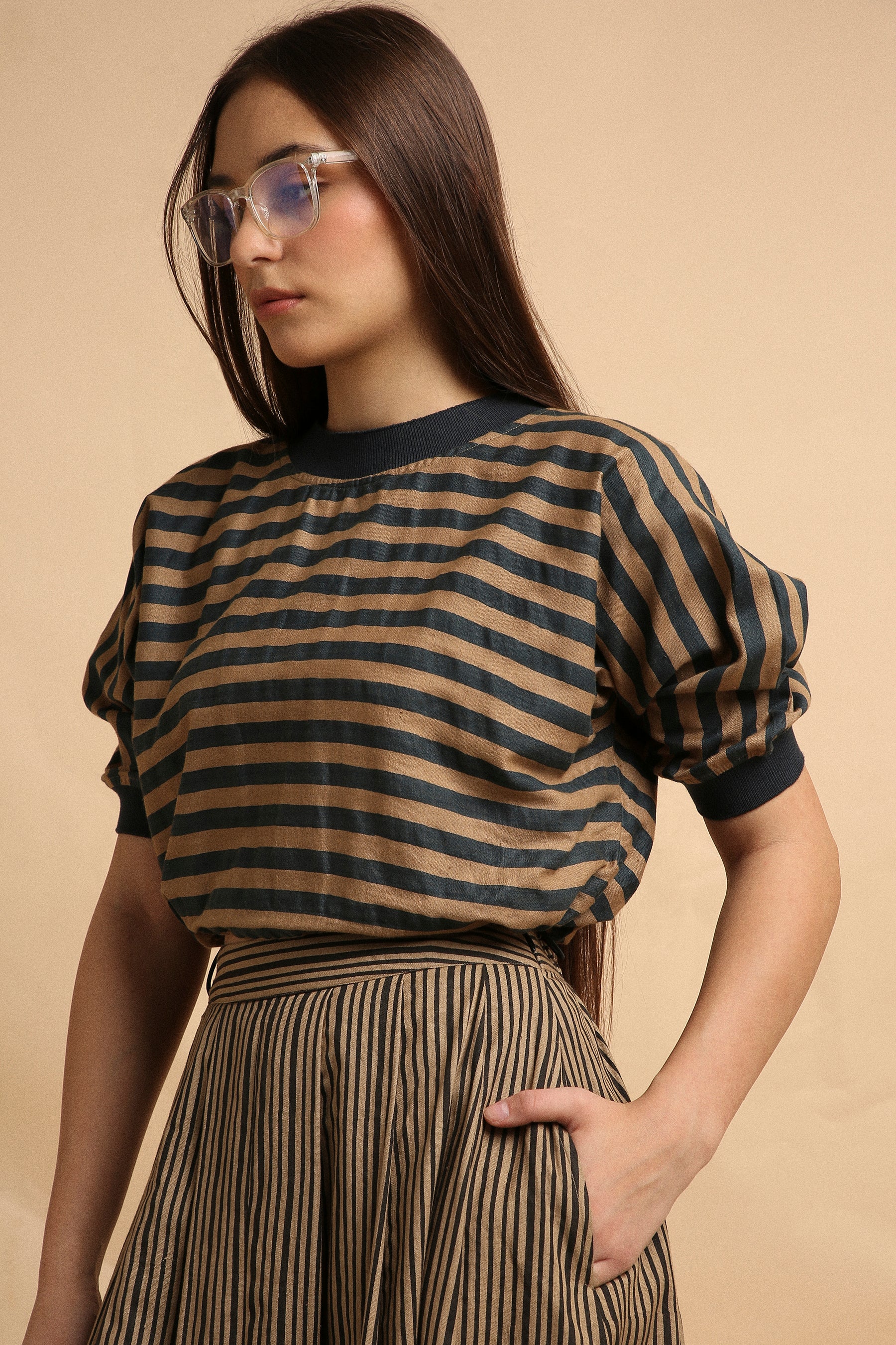 Brown Thin Striped New Sphara Crop Top & Skirt Co-Ord Set (2 PCS)-  Mati
