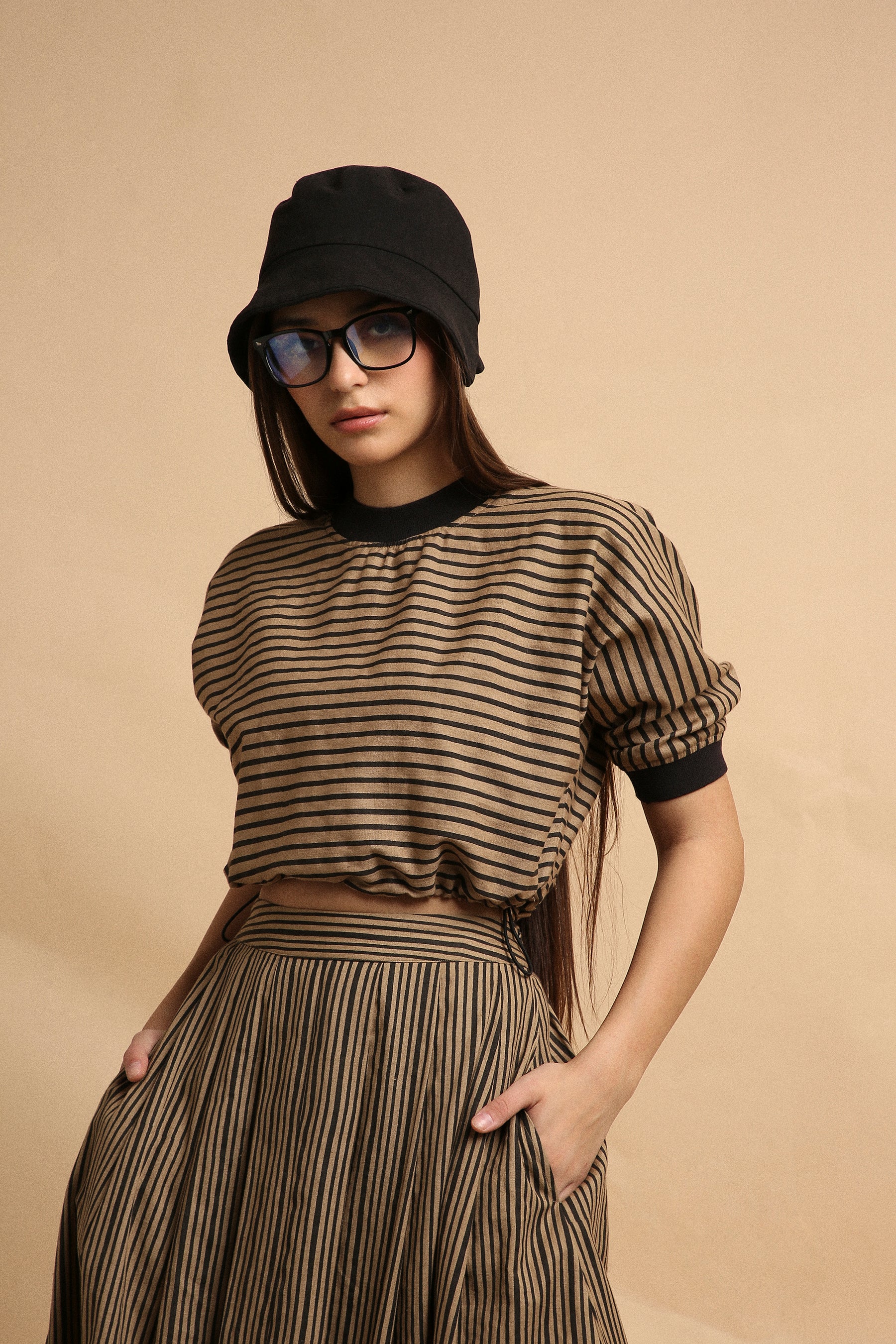 Brown Thin Striped New Sphara Crop Top- Mati