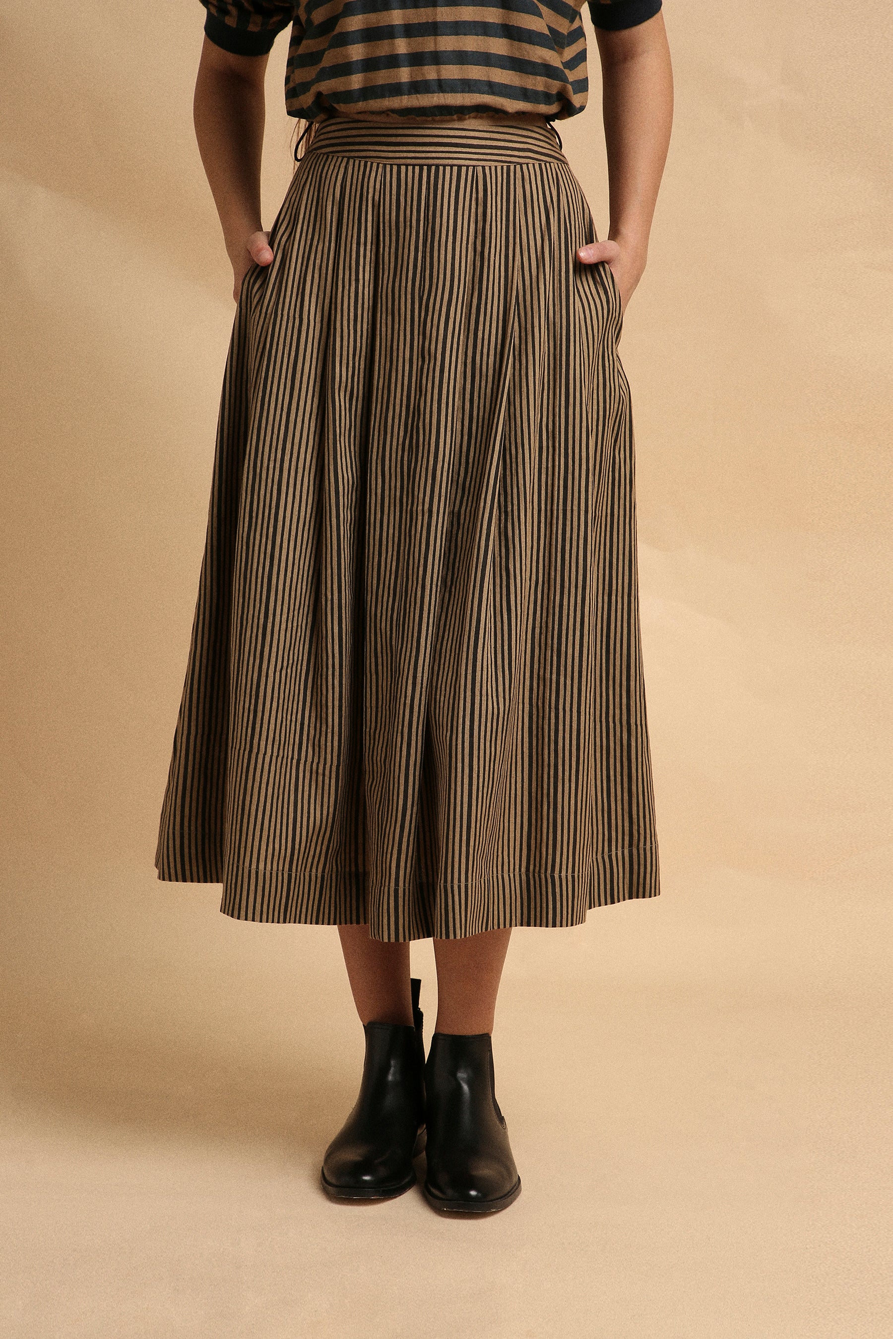Brown with Narrow Charcoal Striped Box Pleated Skirt- Mati