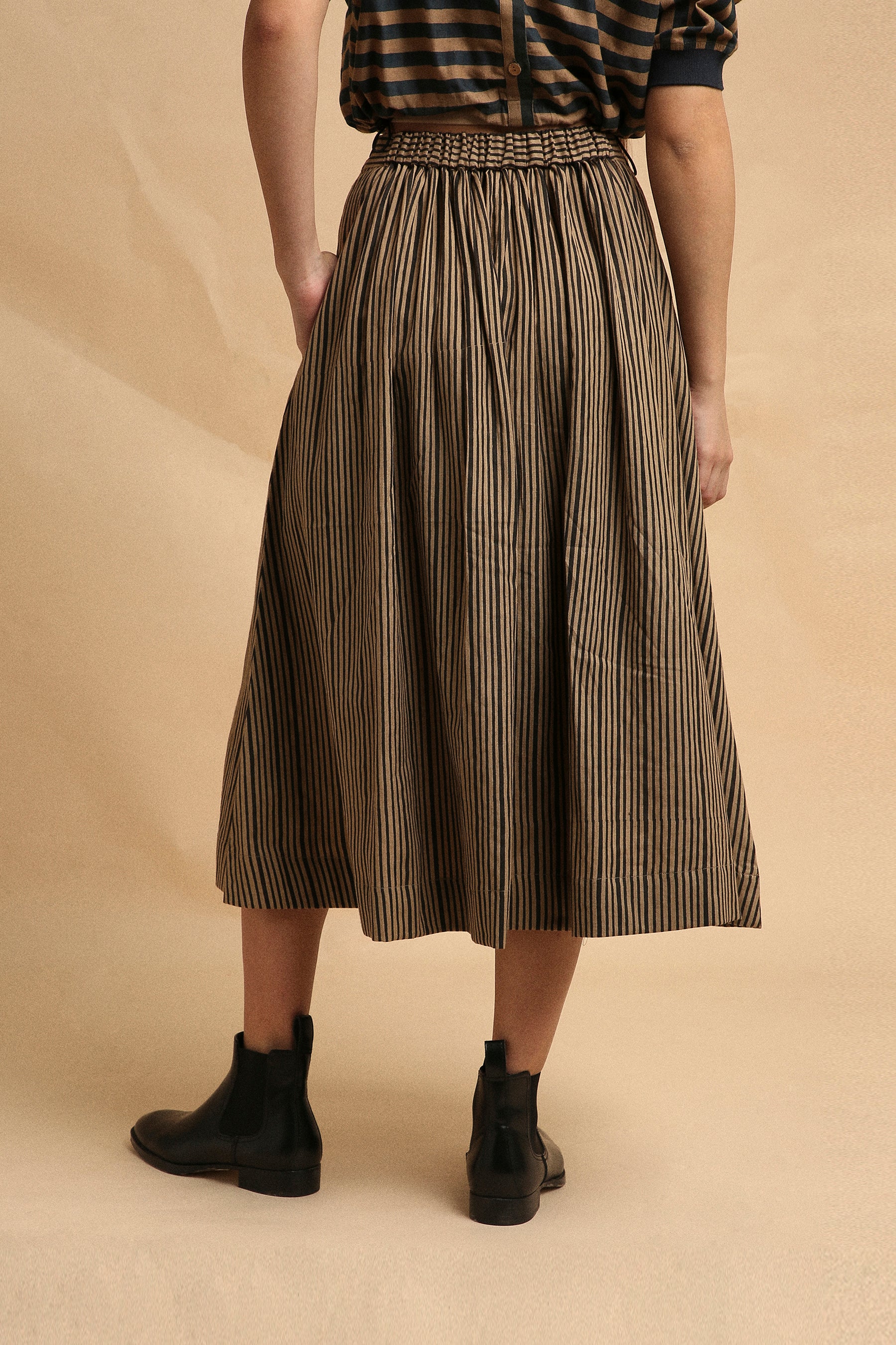 Brown with Narrow Charcoal Striped Box Pleated Skirt- Mati