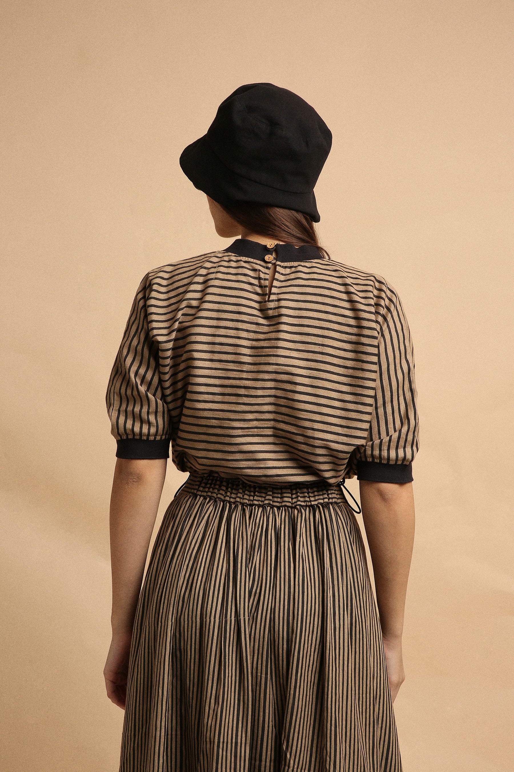 Brown with Narrow Charcoal Striped Box Pleated Skirt- Mati