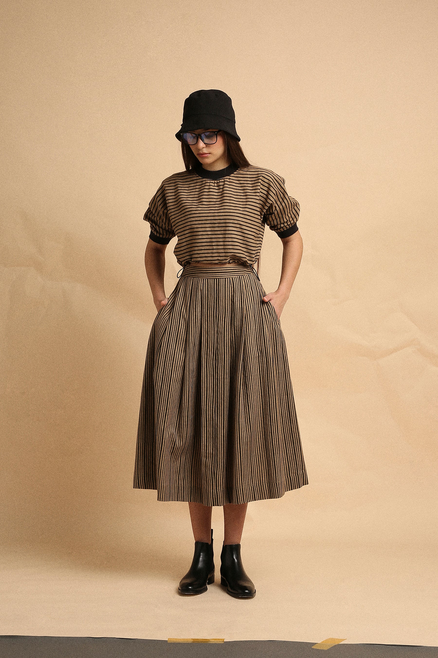 Brown with Narrow Charcoal Striped Box Pleated Skirt- Mati