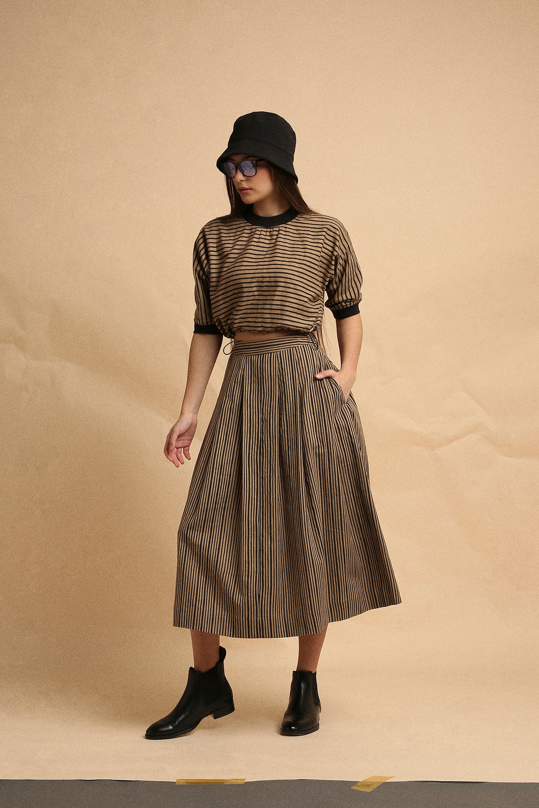 Brown with Narrow Charcoal Striped Box Pleated Skirt- Mati