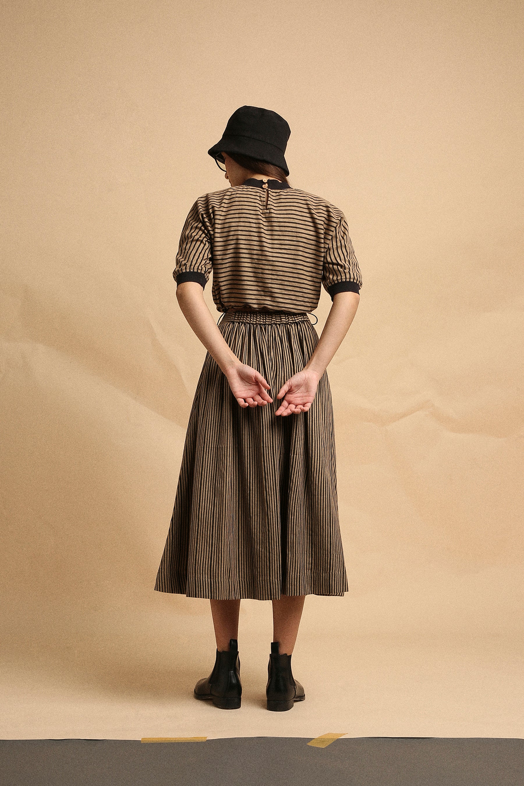 Brown with Narrow Charcoal Striped Box Pleated Skirt- Mati