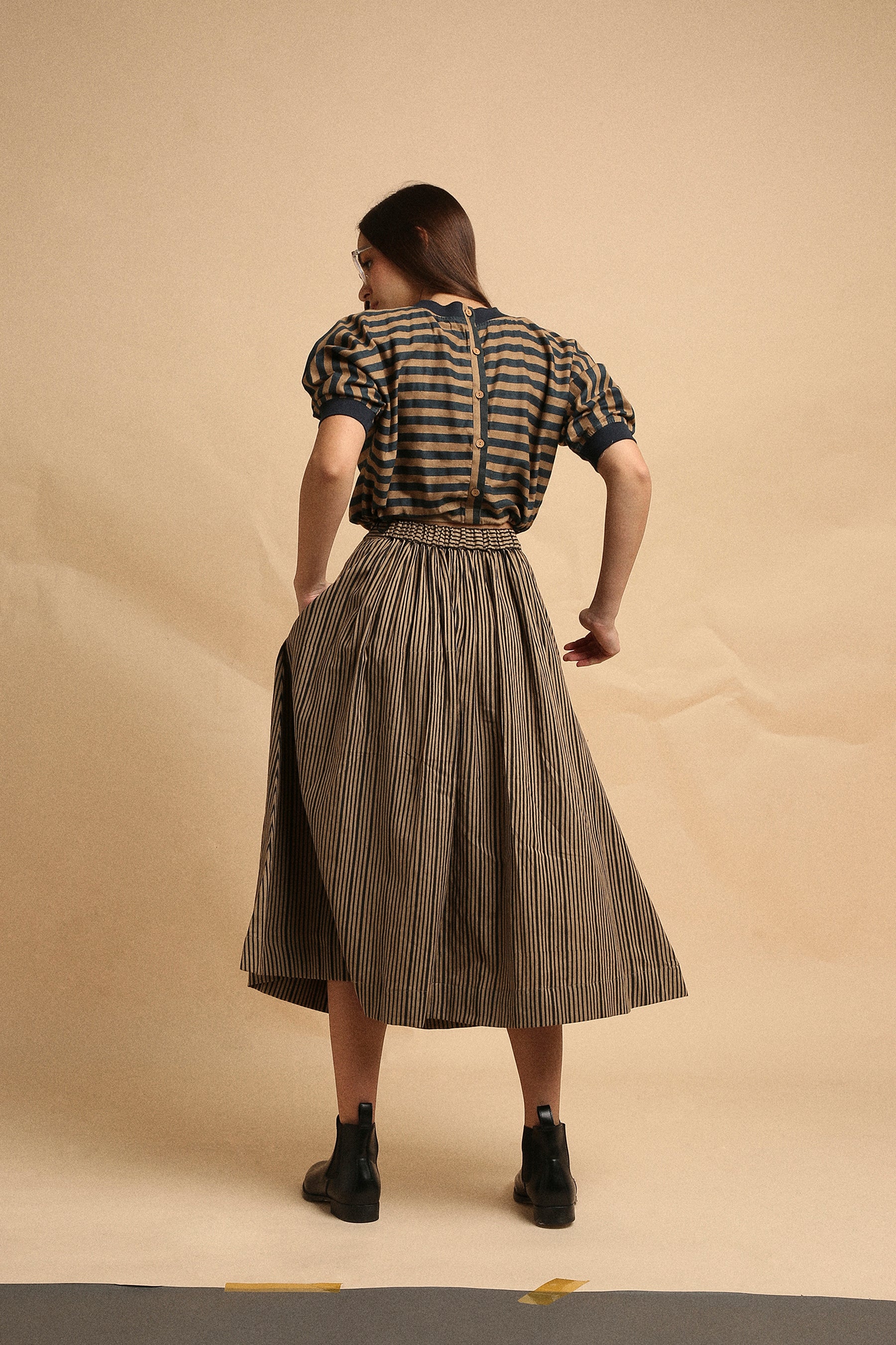 Brown with Narrow Charcoal Striped Box Pleated Skirt- Mati