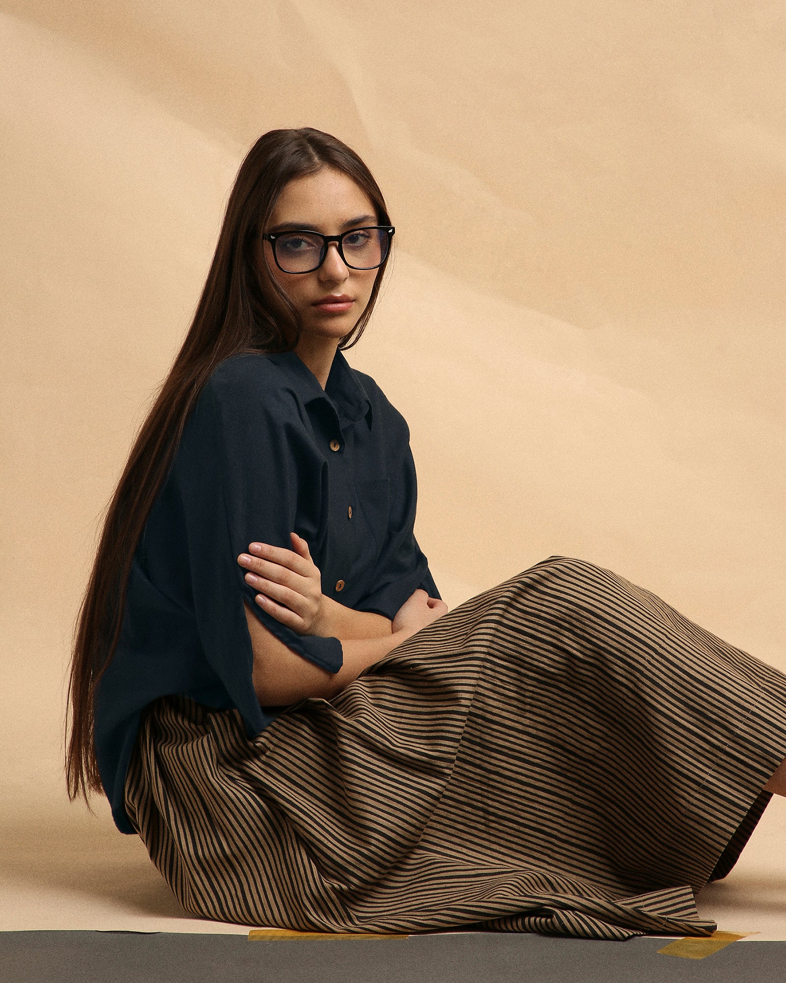 Charcoal Collar Crop Top & Brown Box Pleated Skirt Set (2 PCS)- Mati
